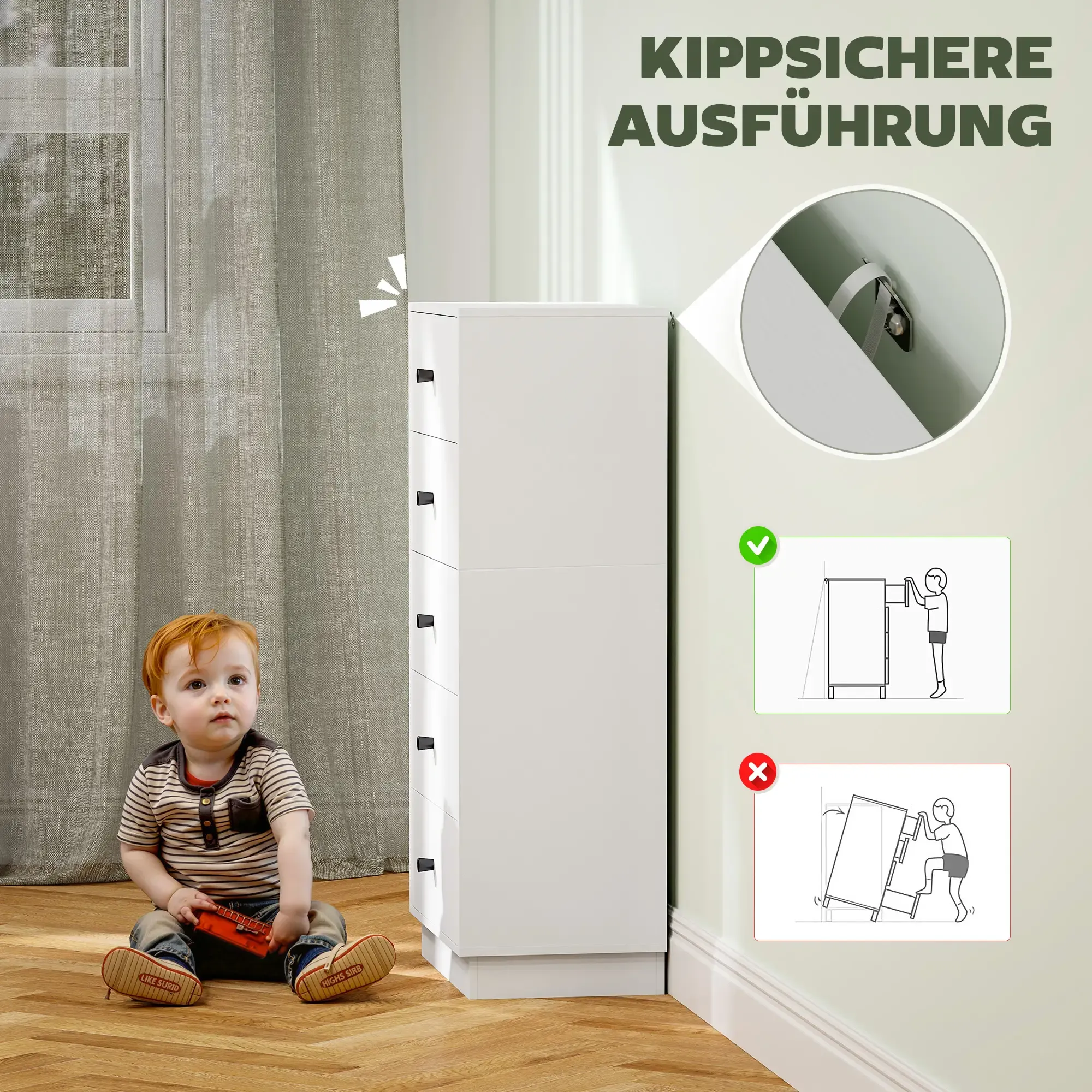 Ein Baby sitzt in der Nähe eines weißen Schranks. Der Schrank ist an der Wand befestigt. Text: Kippsicheres Design.