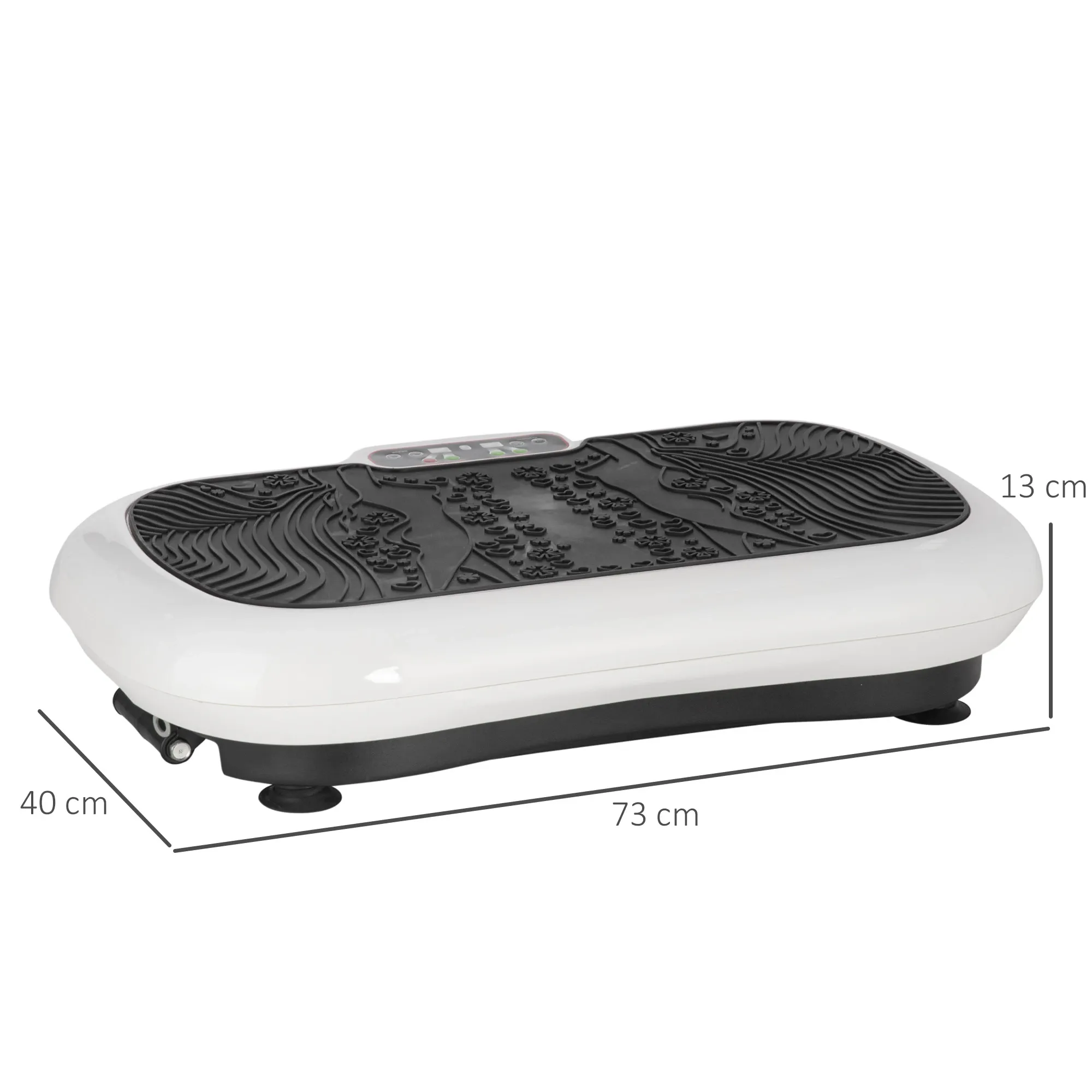 Weiß-schwarze Fitness-Vibrationsplatte. Sie hat eine schwarze Oberseite mit Bedienfeld, Abmessungen sind angegeben.