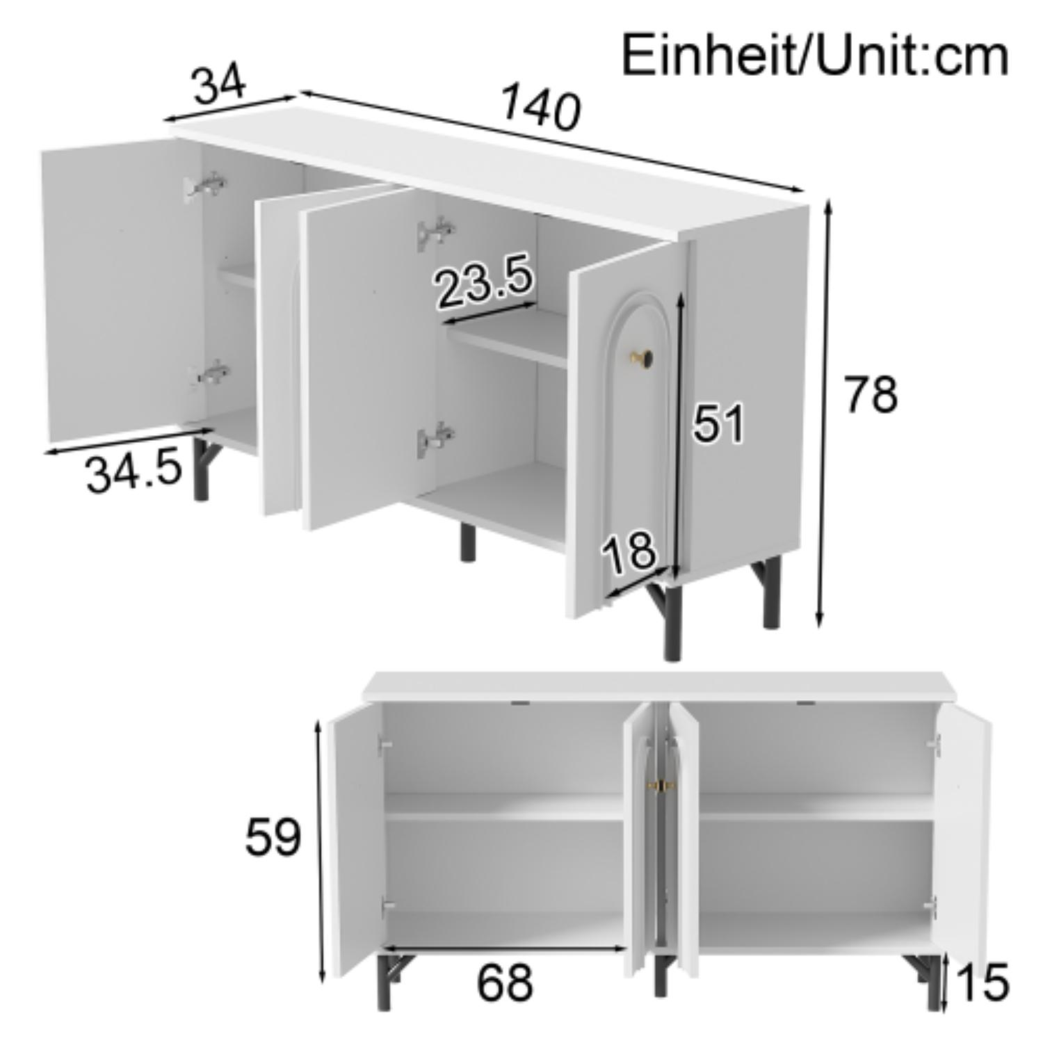 Weißer Schrank mit geöffneten Türen und Regalen. Maße in cm: 140x78x34,5. Unterschrank: 68x59x15.