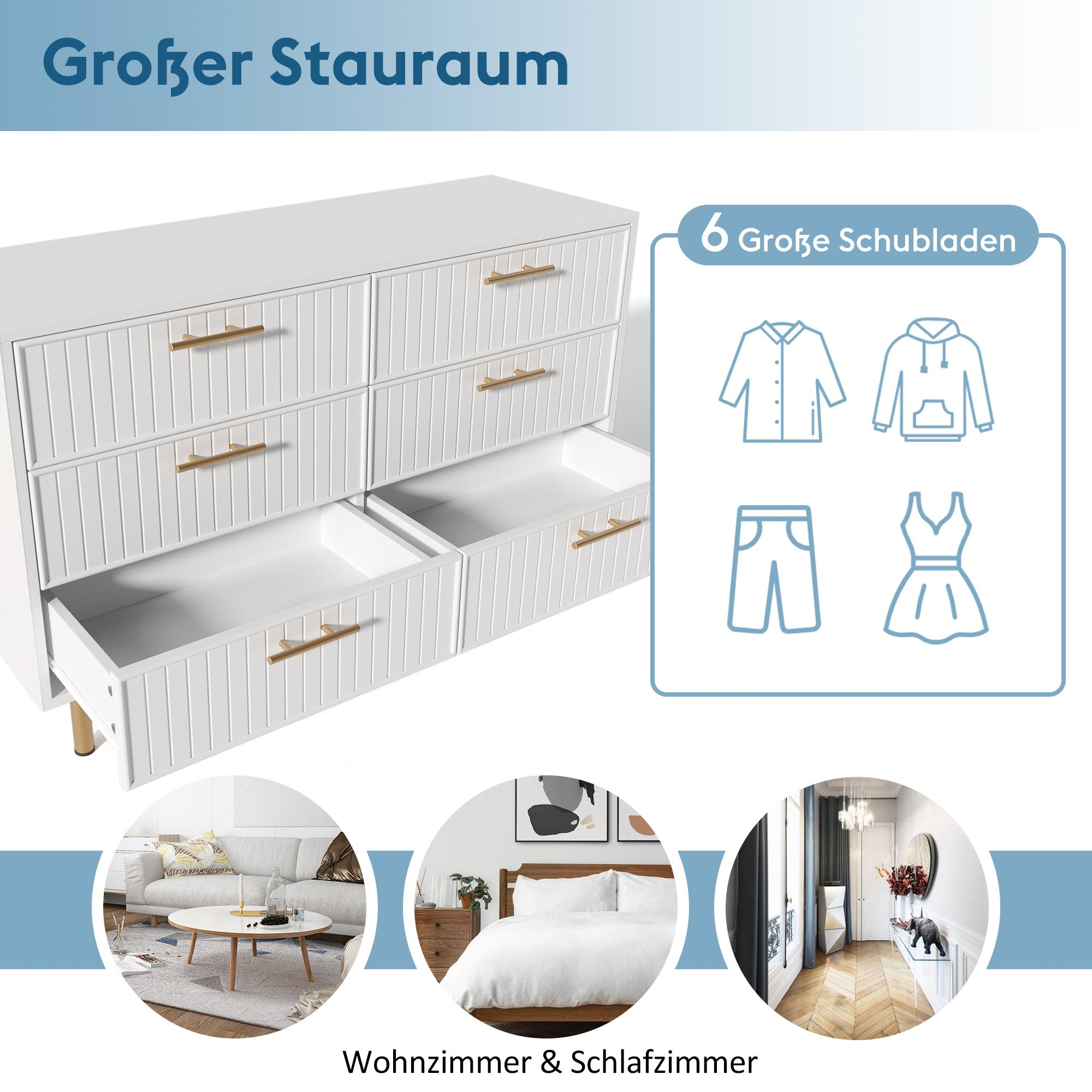 Eine weiße Kommode mit goldenen Griffen, offenen Schubladen und Kleidungssymbolen. Text Wohnzimmer & Schlafzimmer unten.