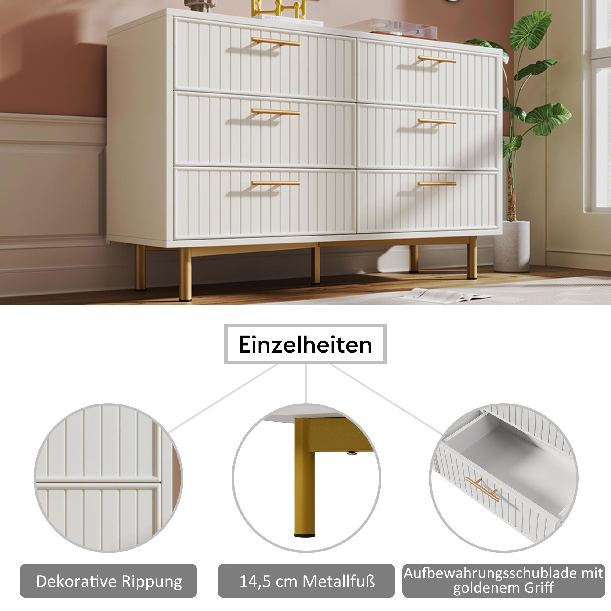 Weißer Schrank mit goldenen Griffen und Beinen. Details zeigen dekorative gerippte Paneele und Schublade mit goldenem Griff. Pflanze im Hintergrund.