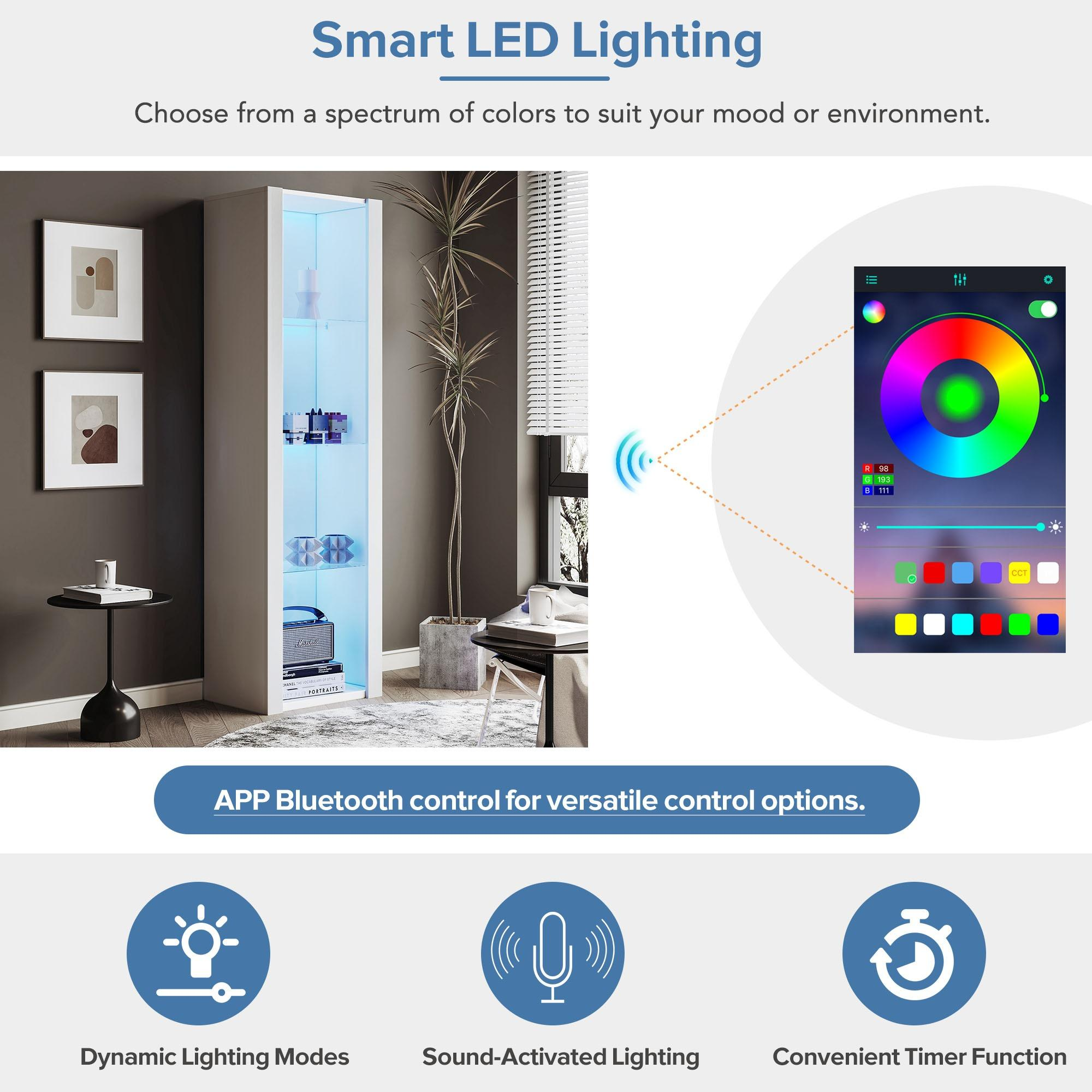 Ein weißer Schrank mit blauer LED-Beleuchtung wird gezeigt. Eine Telefon-App-Oberfläche zeigt ein Farbrad. Symbole zeigen Funktionen.
