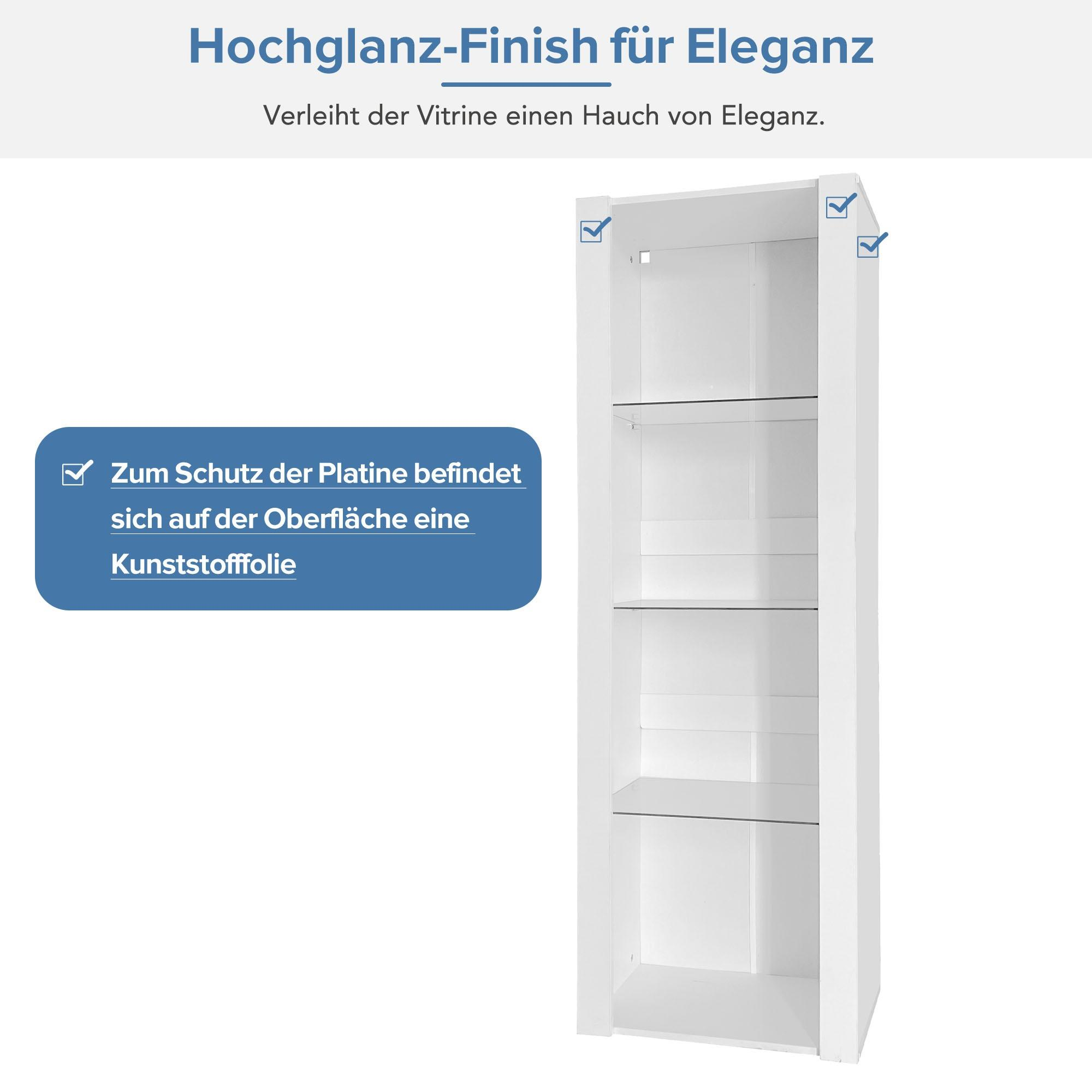 Ein weißer Schrank mit Glasböden. Text auf Deutsch erwähnt Hochglanz und Schutzfolie.
