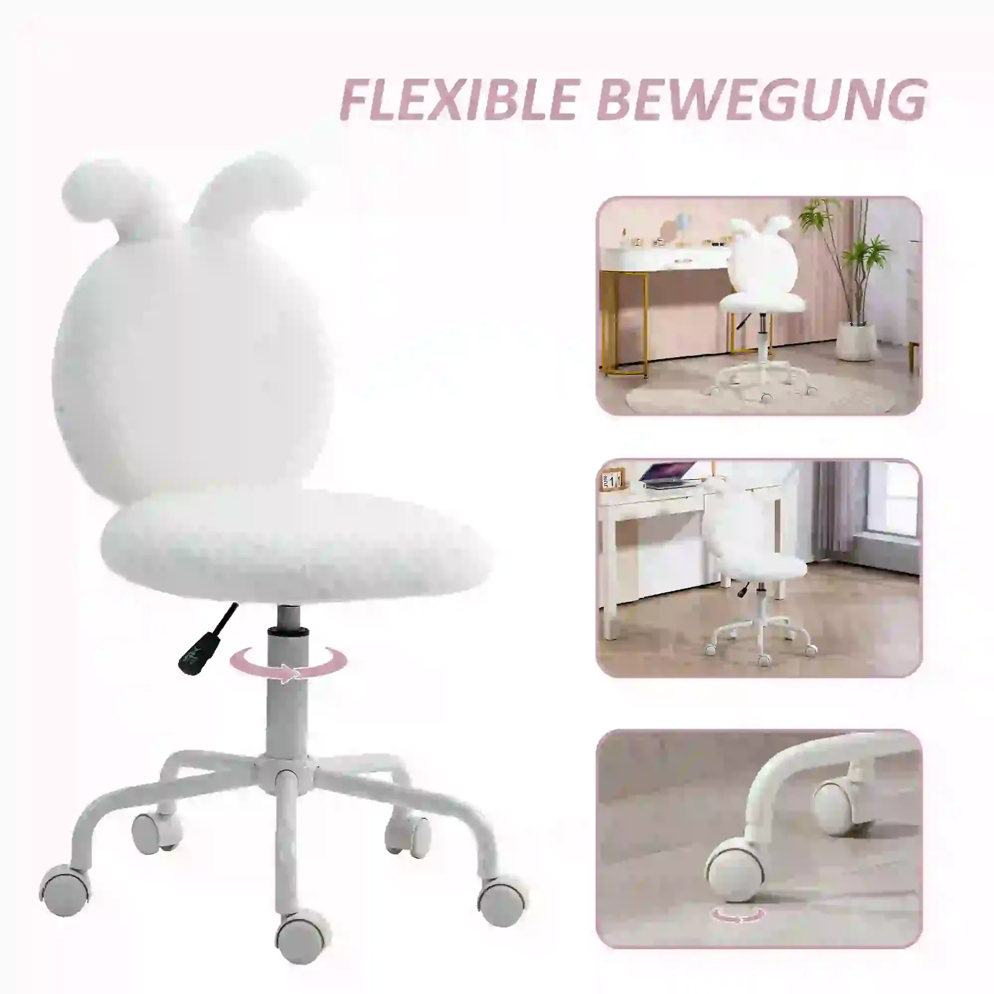 Ein weißer Bürostuhl mit Hasenohren und Rädern. Der Text lautet 'FLEXIBLE BEWEGUNG'. Drei kleinere Bilder des Stuhls werden ebenfalls gezeigt.