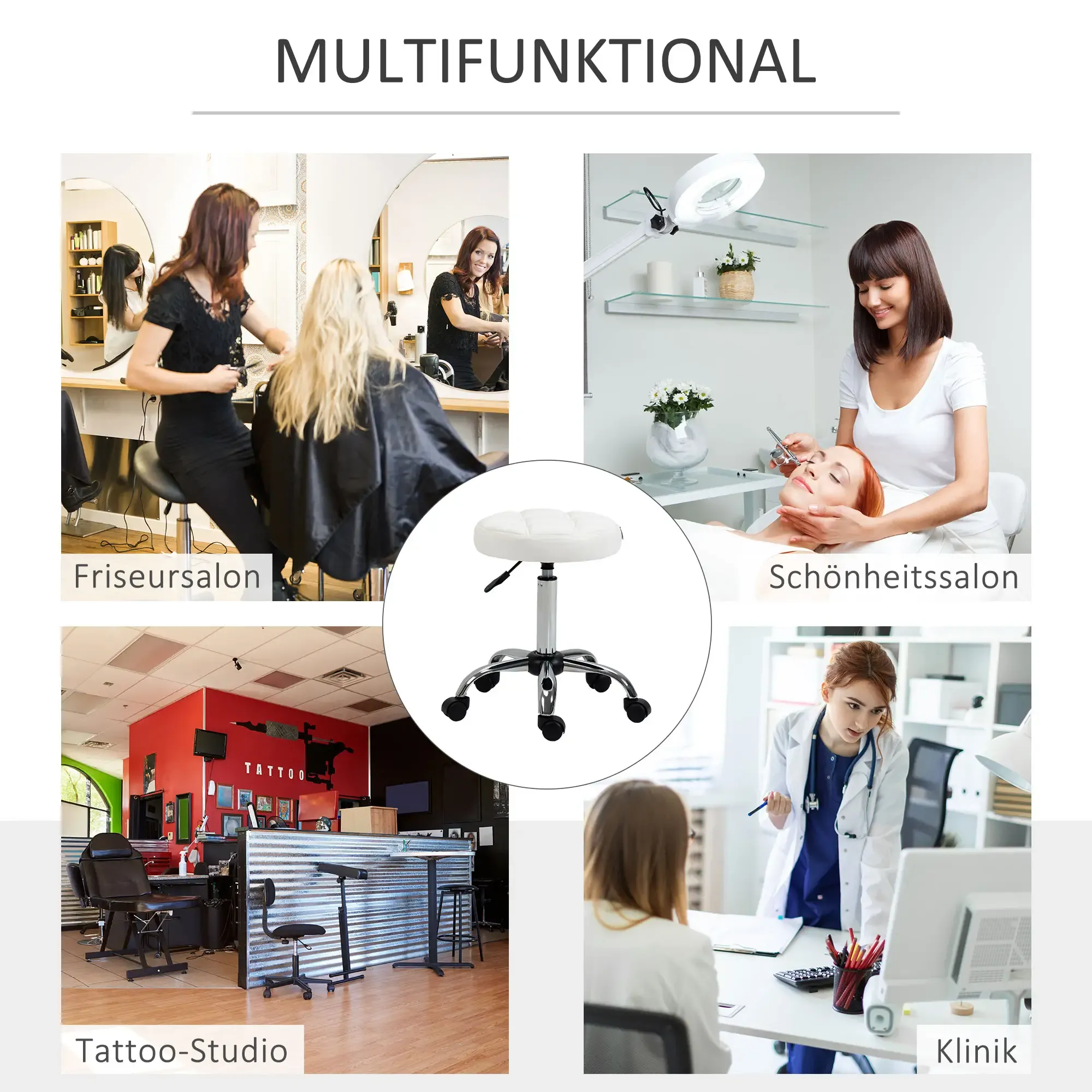 Das Bild zeigt einen multifunktionalen Stuhl in verschiedenen Umgebungen: Friseursalon, Schönheitssalon, Tattoo-Studio und Klinik.