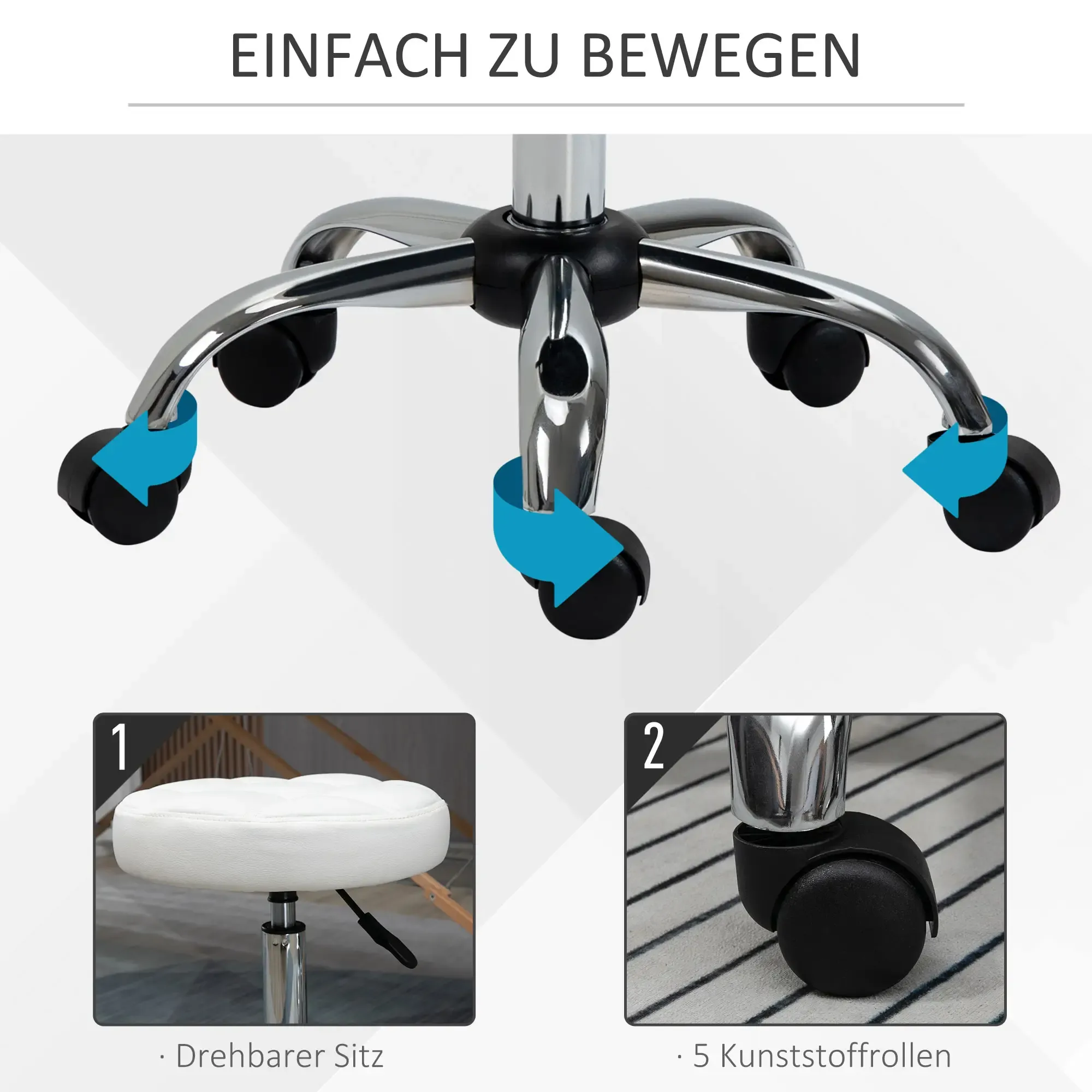 Ein weißer Bürostuhl mit Chromfuß und schwarzen Rollen. Das Bild zeigt Details der Stuhlmerkmale.