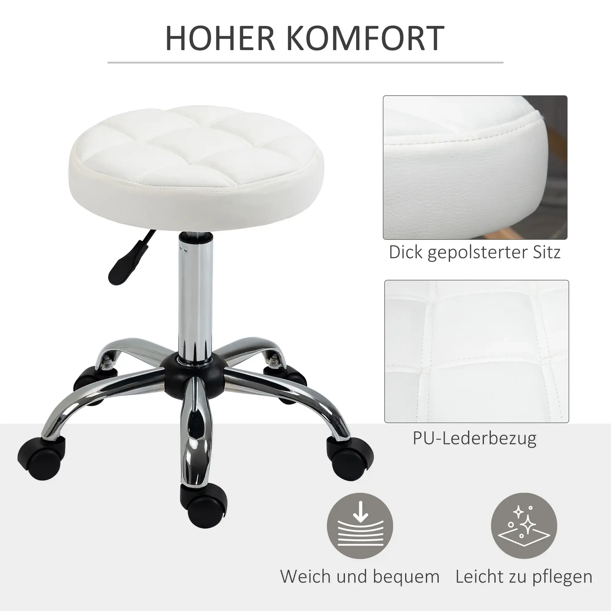 Ein weißer, gepolsterter Hocker mit Chromfuß und Rädern. Text lautet 'Hoher Komfort' und Merkmale.