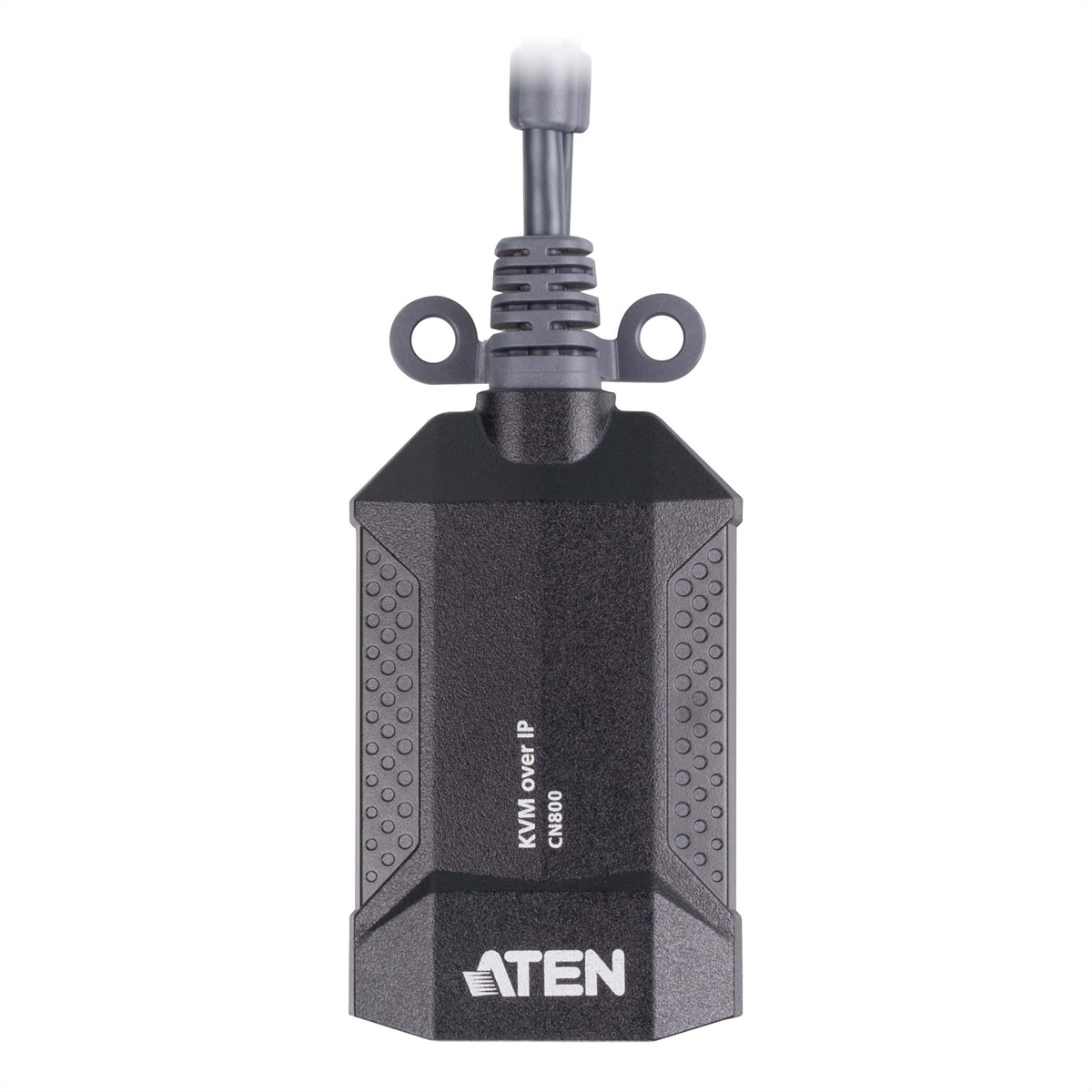 Een zwart KVM over IP-apparaat met een kabel en het ATEN-logo. Het heeft een gestructureerd oppervlak met de tekst 'KVM over IP CN800'.