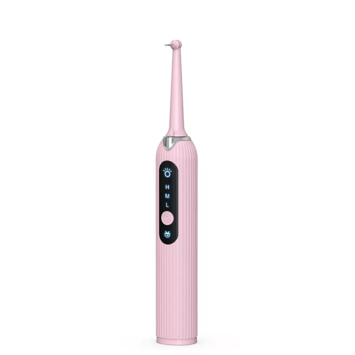 Eine rosa elektrische Zahnbürste mit langem Hals und geriffeltem Griff auf weißem Hintergrund. Sie hat Strom- und Intensitätseinstellungen.