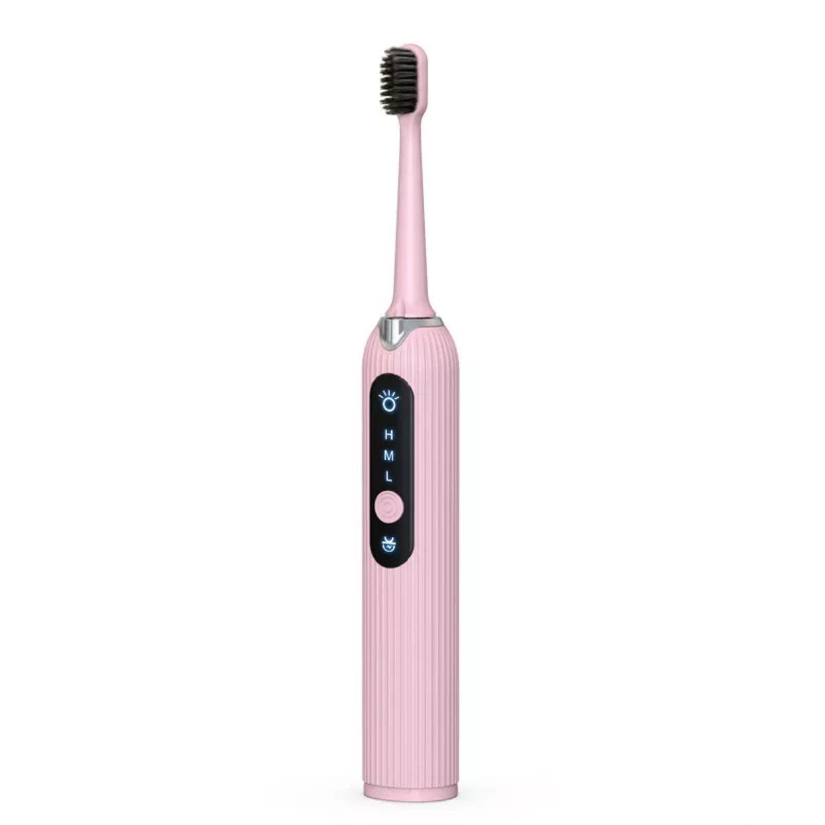 Eine rosa elektrische Zahnbürste mit schwarzen Borsten. Sie hat einen geriffelten Griff mit Knöpfen und Lichtern. Isoliert auf weißem Hintergrund.