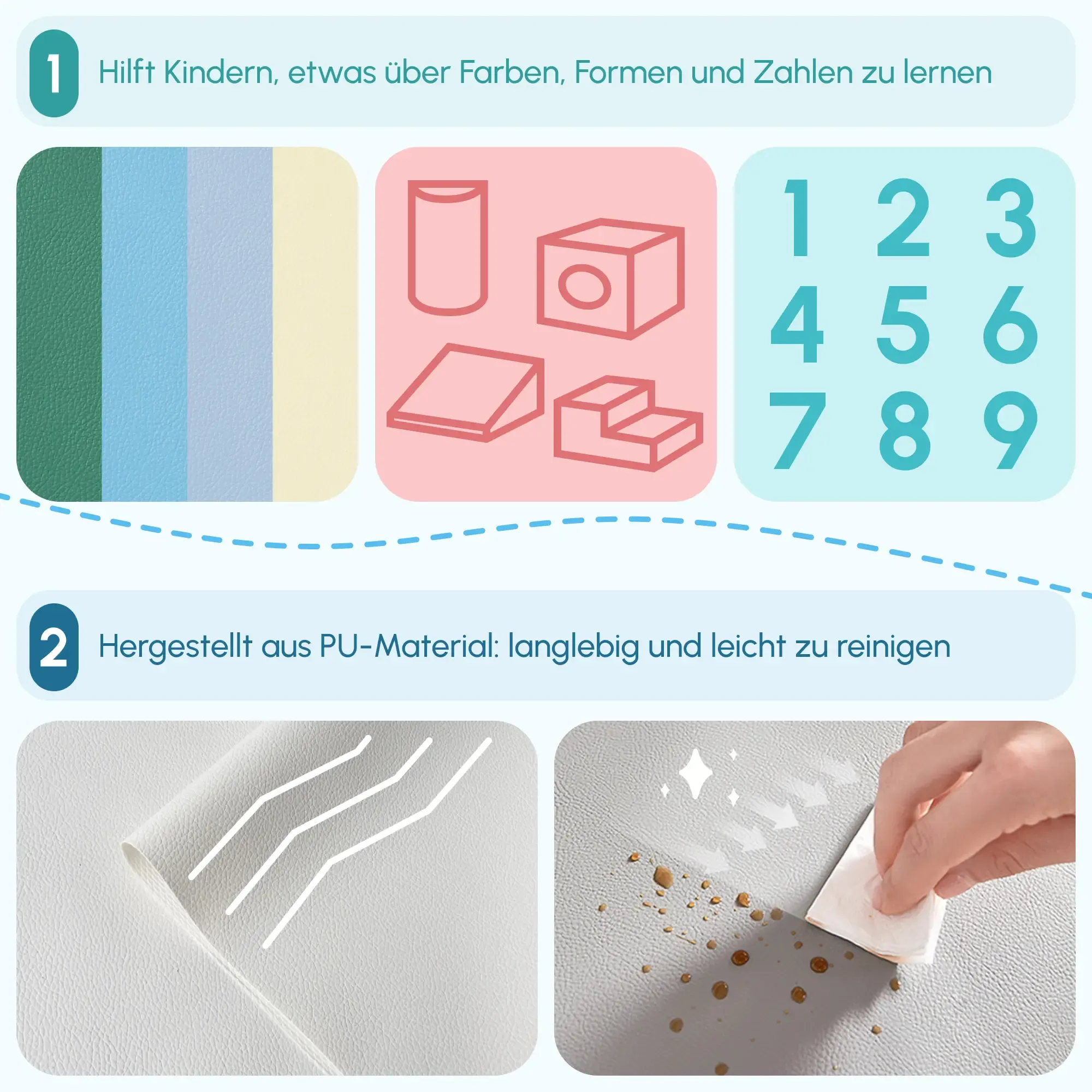 Das Bild zeigt farbige Blöcke mit Formen und Zahlen. Es zeigt auch eine weiße Oberfläche, die gereinigt wird.