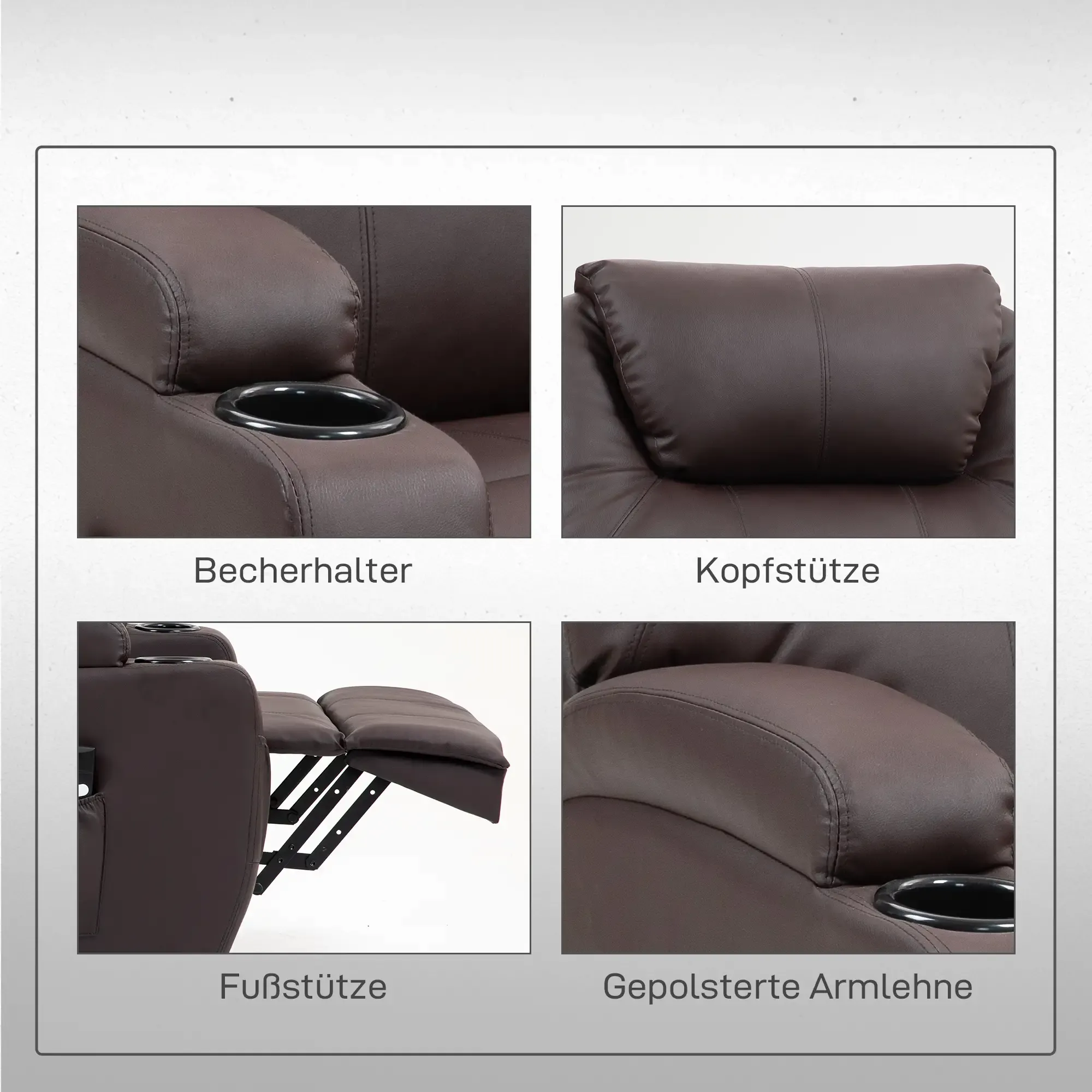 Braune Relaxliege Details: Getränkehalter, Kopfstütze, Fußstütze und gepolsterte Armlehne. Alles braunes Leder.