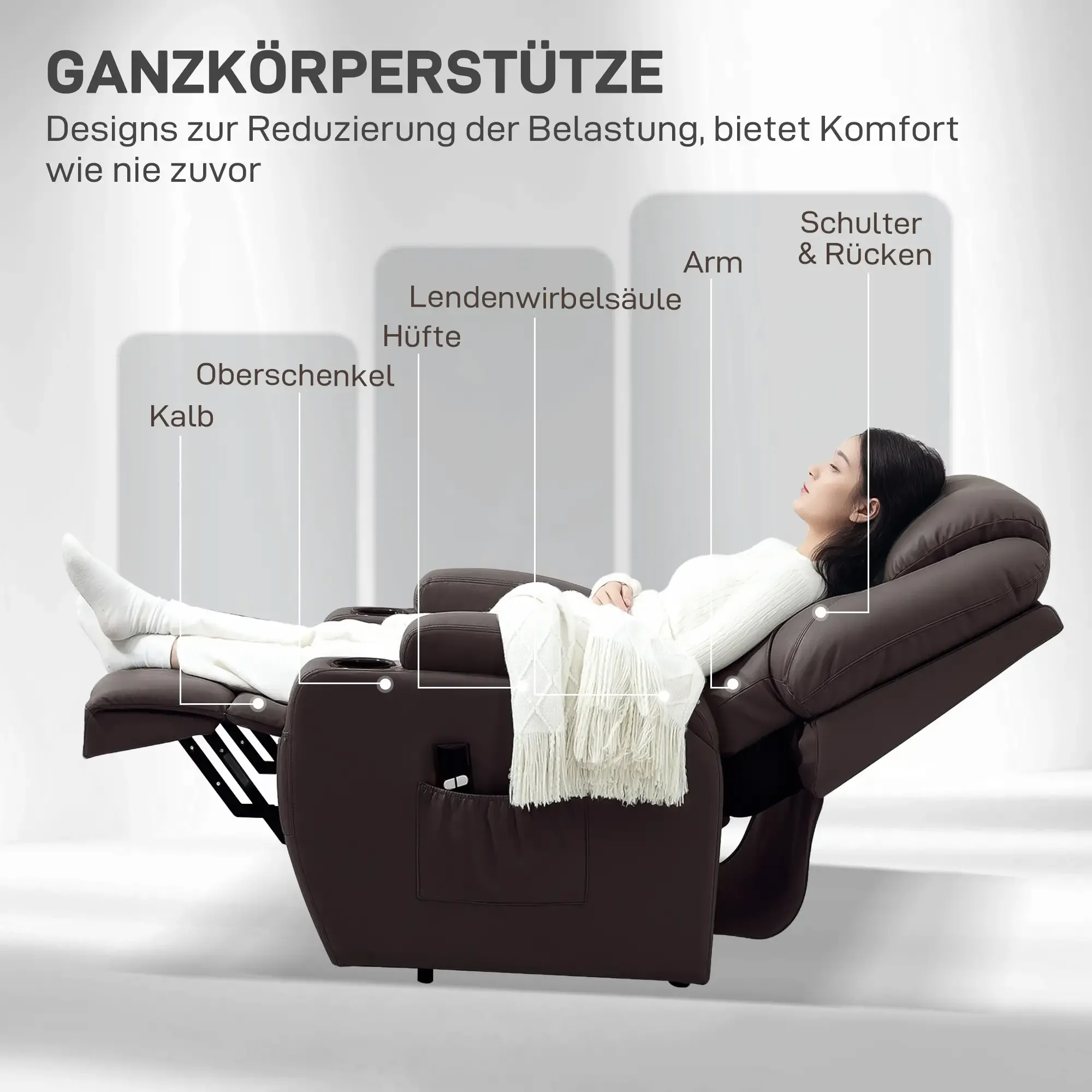 Eine Frau liegt auf einem braunen Massagestuhl, Körperteile beschriftet. Weiße Decke. Text: Ganzkörperstütze.