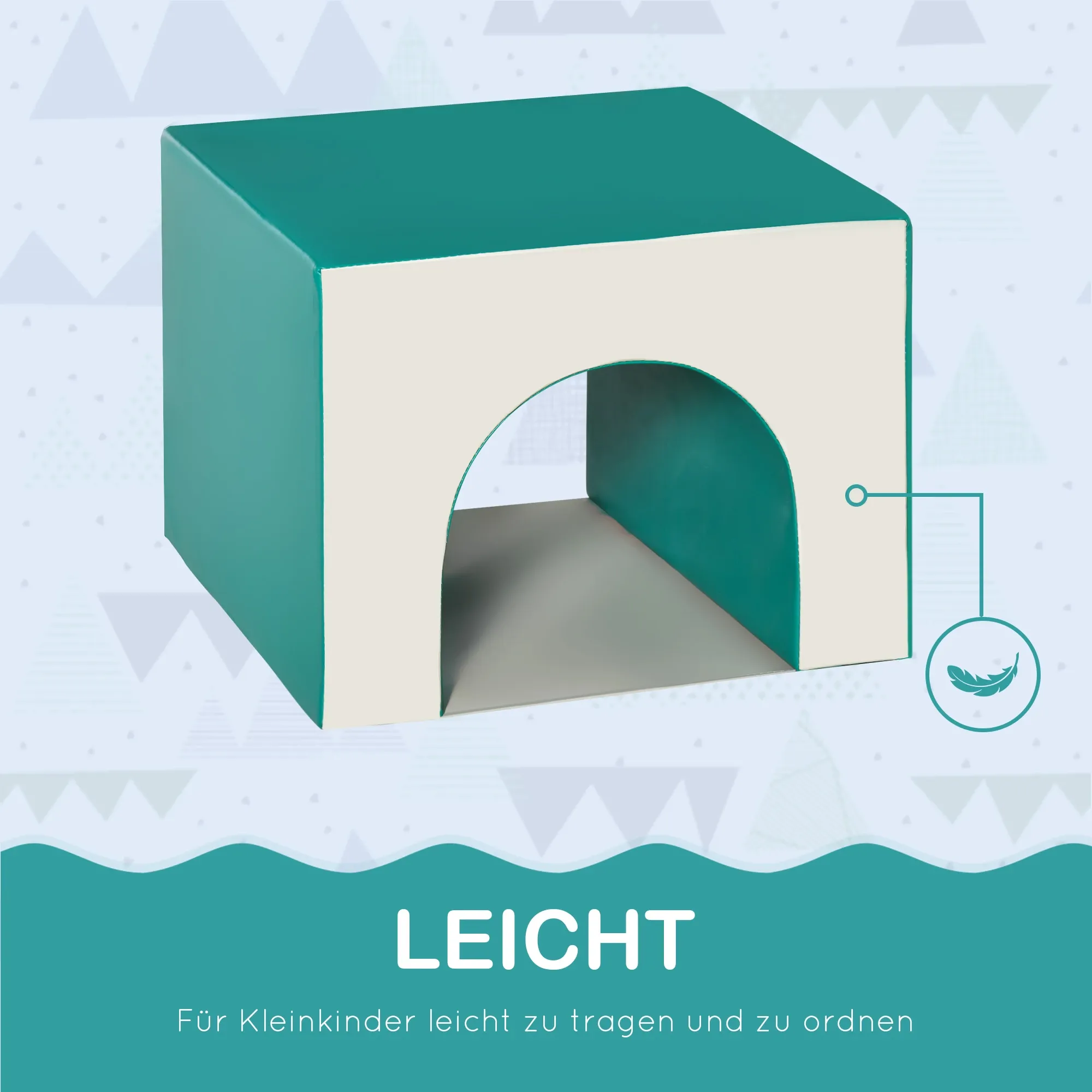 Ein teal- und beige-quaderförmiges Spielzeug mit einem Torbogen. Der Hintergrund hat hellblaue geometrische Formen und Text: LEICHT, was leicht bedeutet.