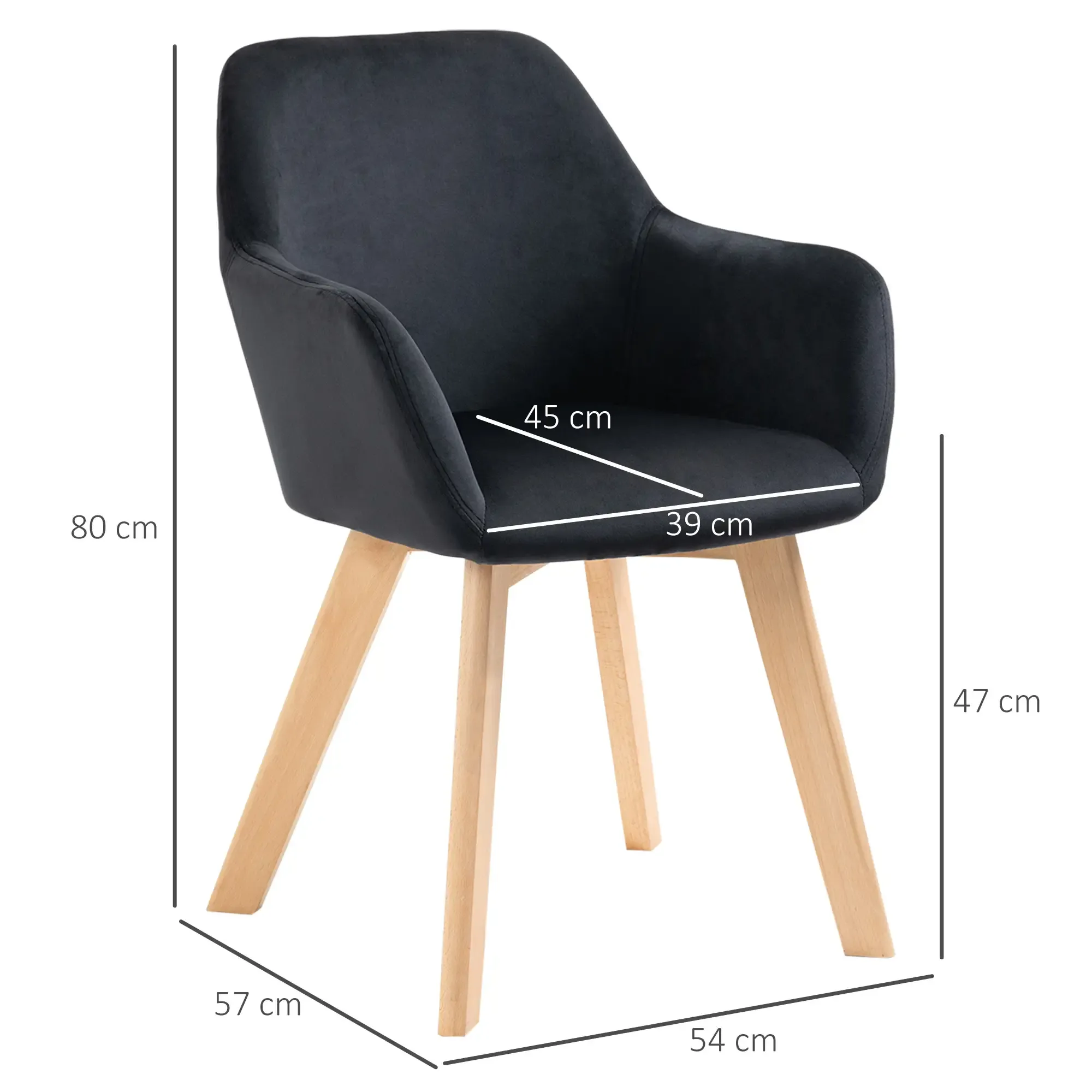 Ein schwarzer Sessel mit Holzbeinen. Abmessungen sind angegeben. 80 cm hoch, 57 cm breit, 54 cm tief. Sitz: 45 cm breit, 39 cm tief.