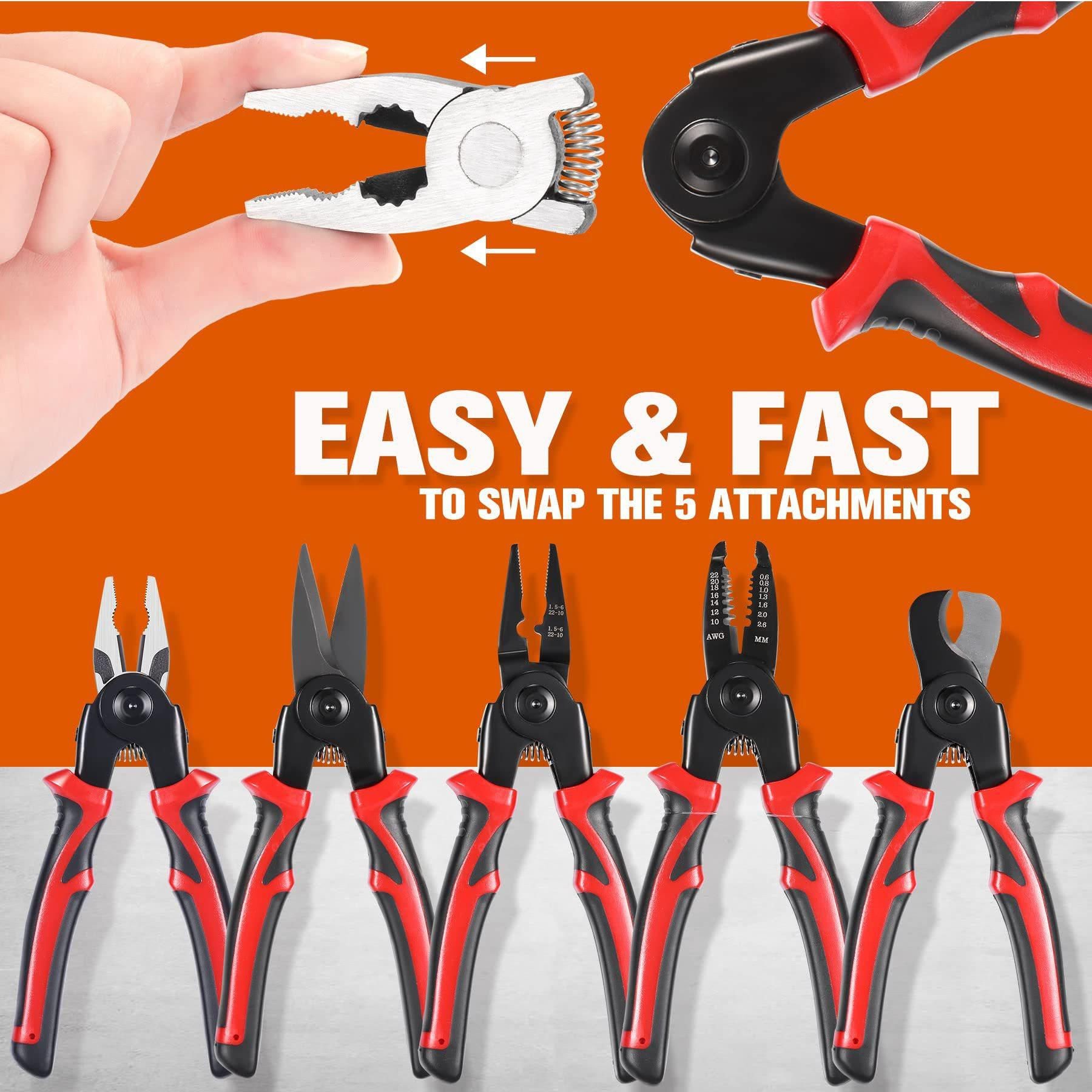 Das Bild zeigt eine Hand, die eine Zange hält, und fünf verschiedene Zangen darunter. Text sagt: "EASY & FAST to swap the 5 attachments".