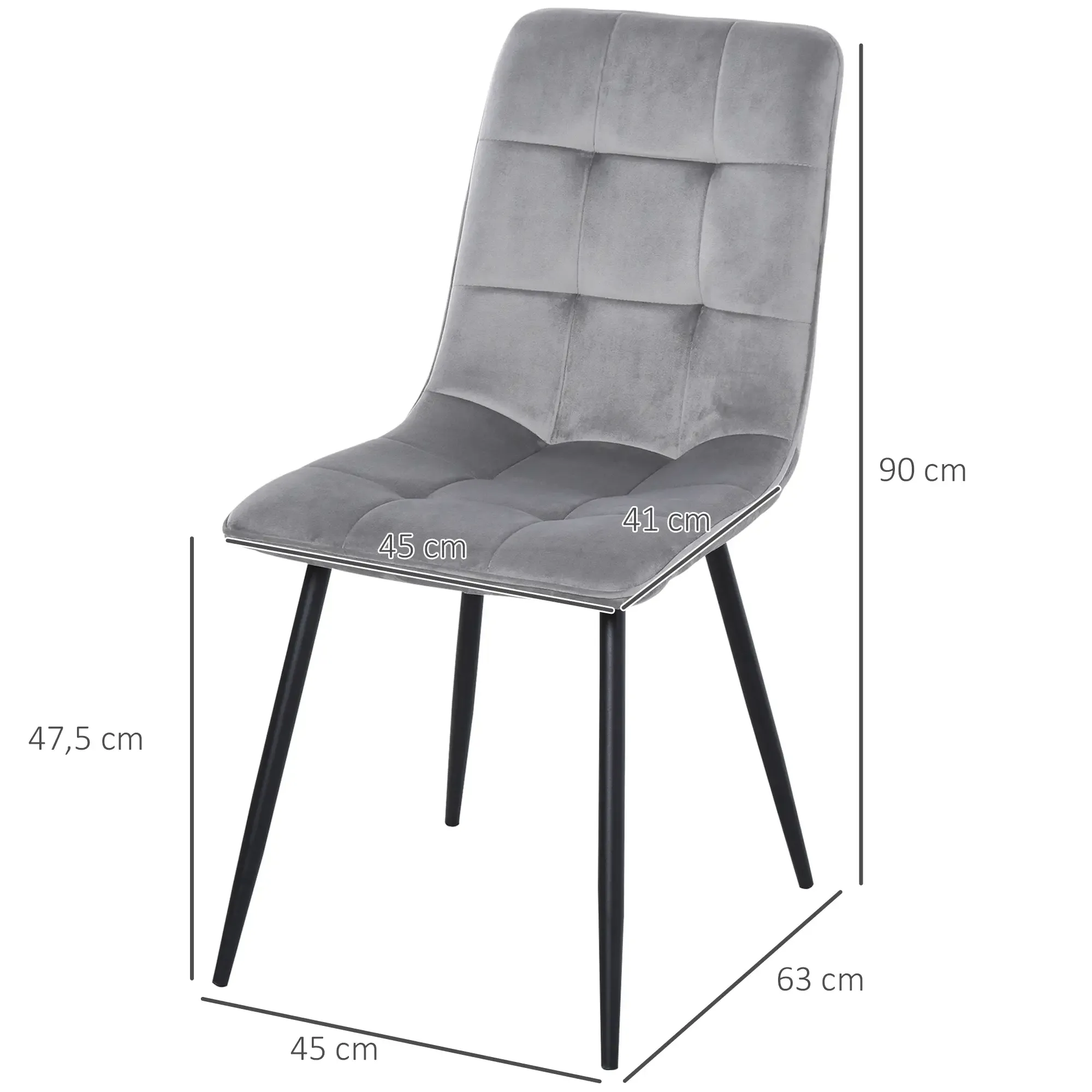 Ein grau gepolsterter Stuhl mit gesteppter Rückenlehne und Sitzfläche, schwarzen Beinen und Größenangaben.
