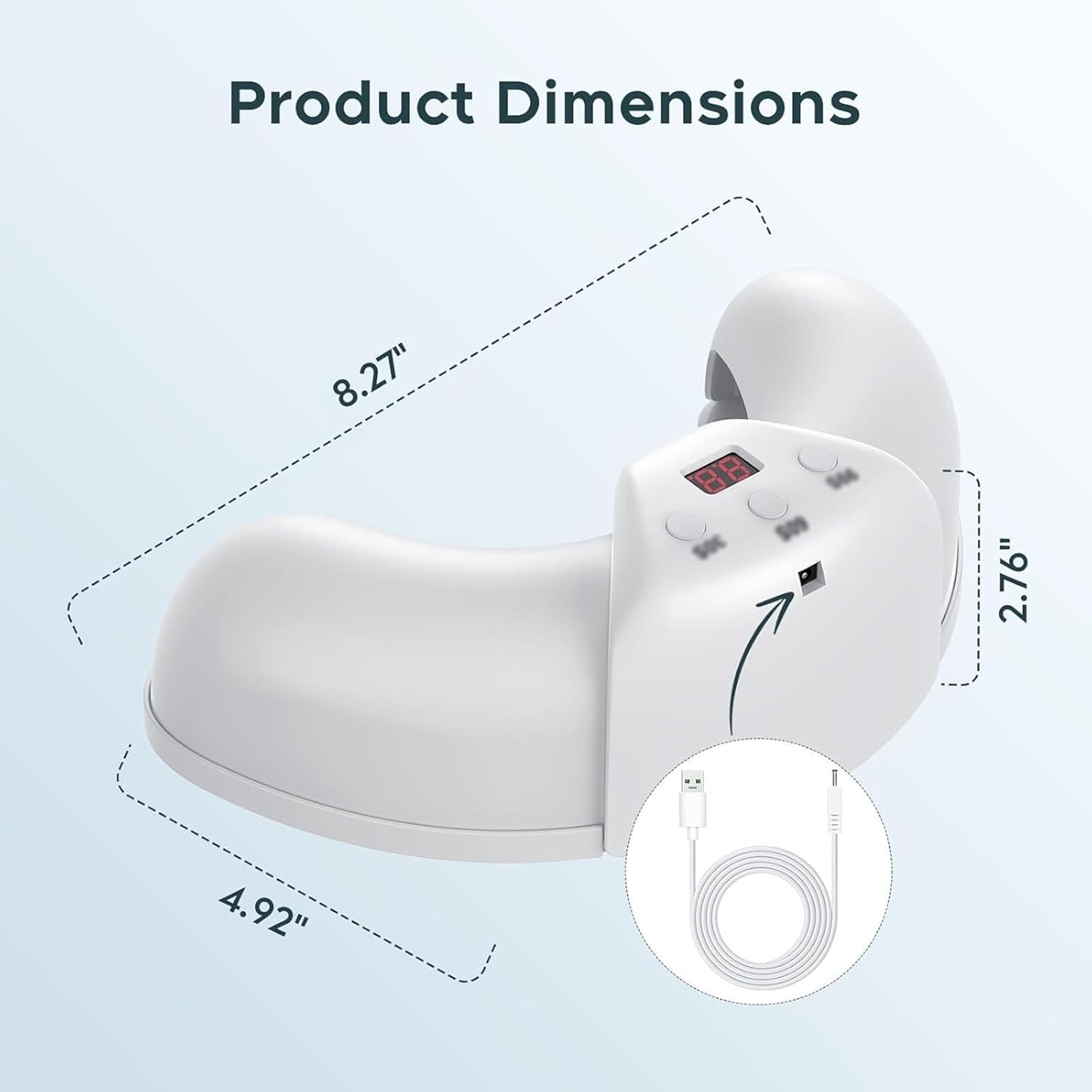 Ein weißes Produkt mit den Abmessungen: 8,27" x 4,92" x 2,76". Es hat Knöpfe, ein Display und ein USB-Kabel. Der Text "Produktabmessungen".