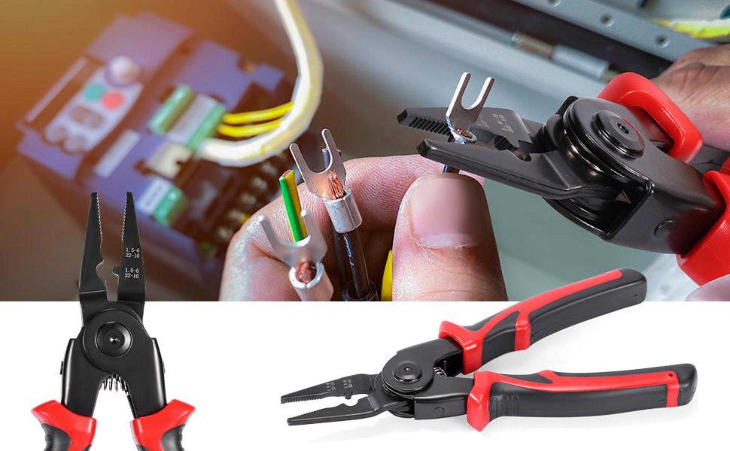 Ein Elektriker, der mit einer Zange an elektrischen Leitungen arbeitet. Die Zange ist schwarz und rot. Drähte sind grün, gelb, weiß und schwarz.