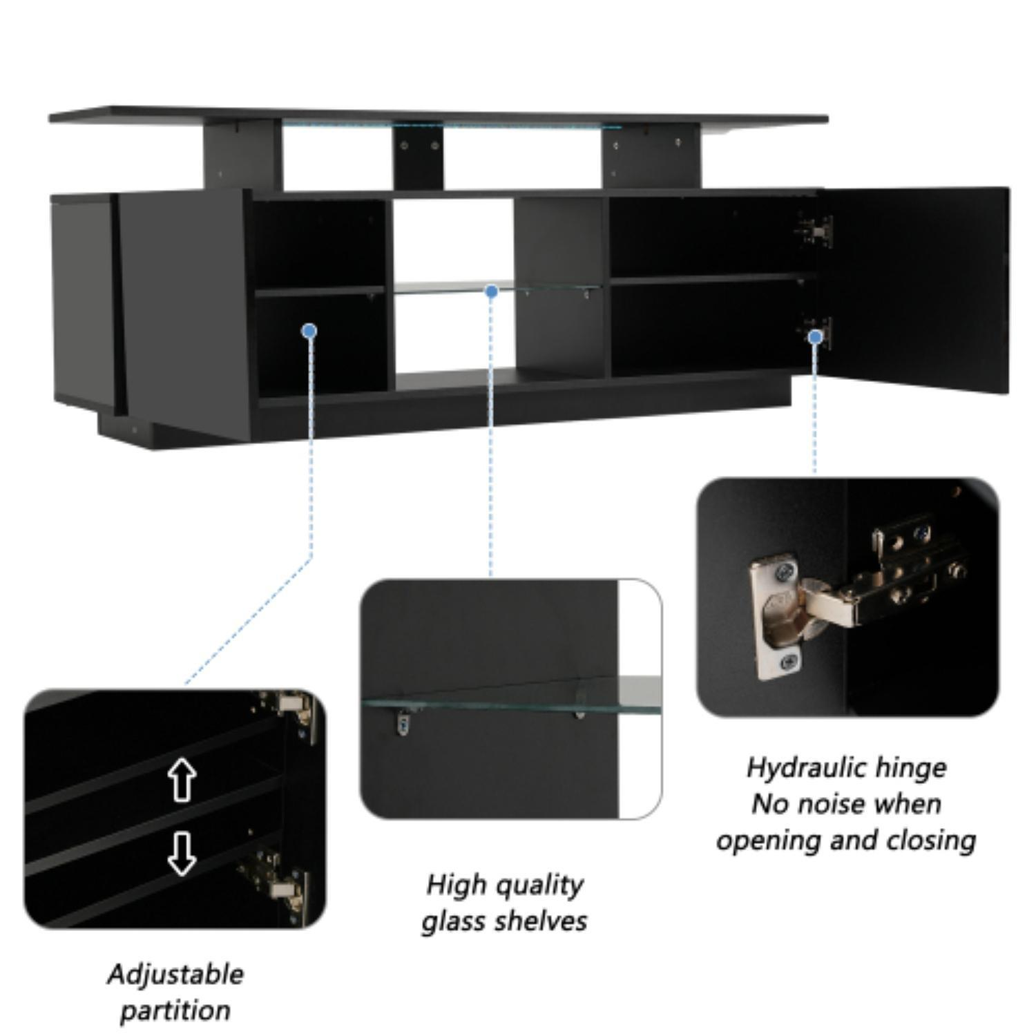Ein schwarzer TV-Schrank mit offenen Türen, verstellbaren Trennwänden, Glasböden und hydraulischen Scharnieren. Text hebt Merkmale hervor.