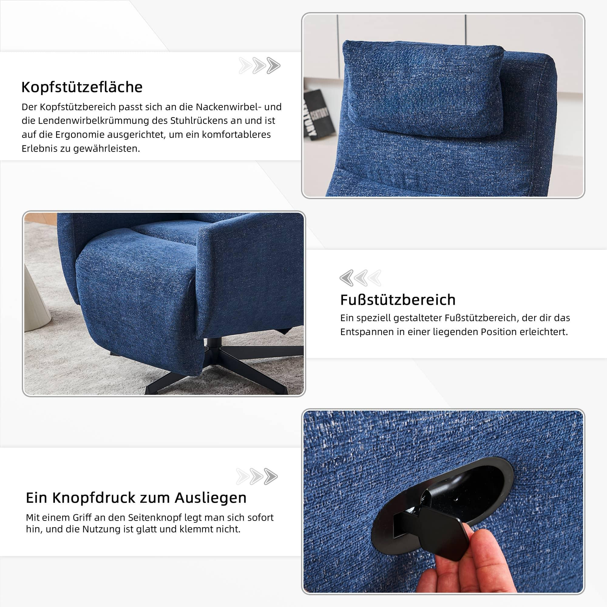 Ein blauer Liegestuhl ist im Detail gezeigt. Verschiedene Teile des Stuhls werden mit Text und Pfeilen hervorgehoben.