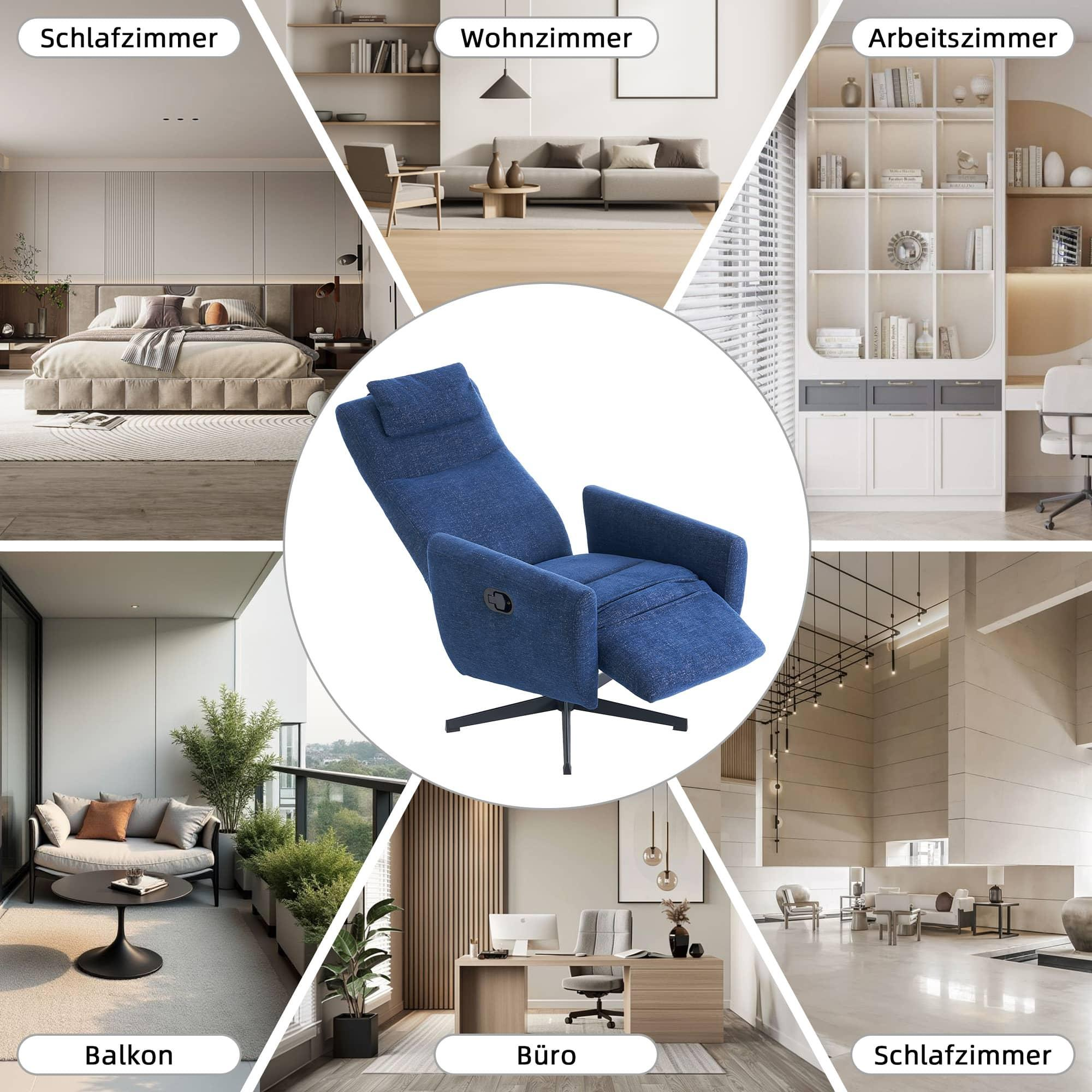 Ein blauer Relaxsessel steht im Mittelpunkt. Er ist von verschiedenen Raumeinstellungen umgeben, darunter ein Schlafzimmer und ein Balkon.