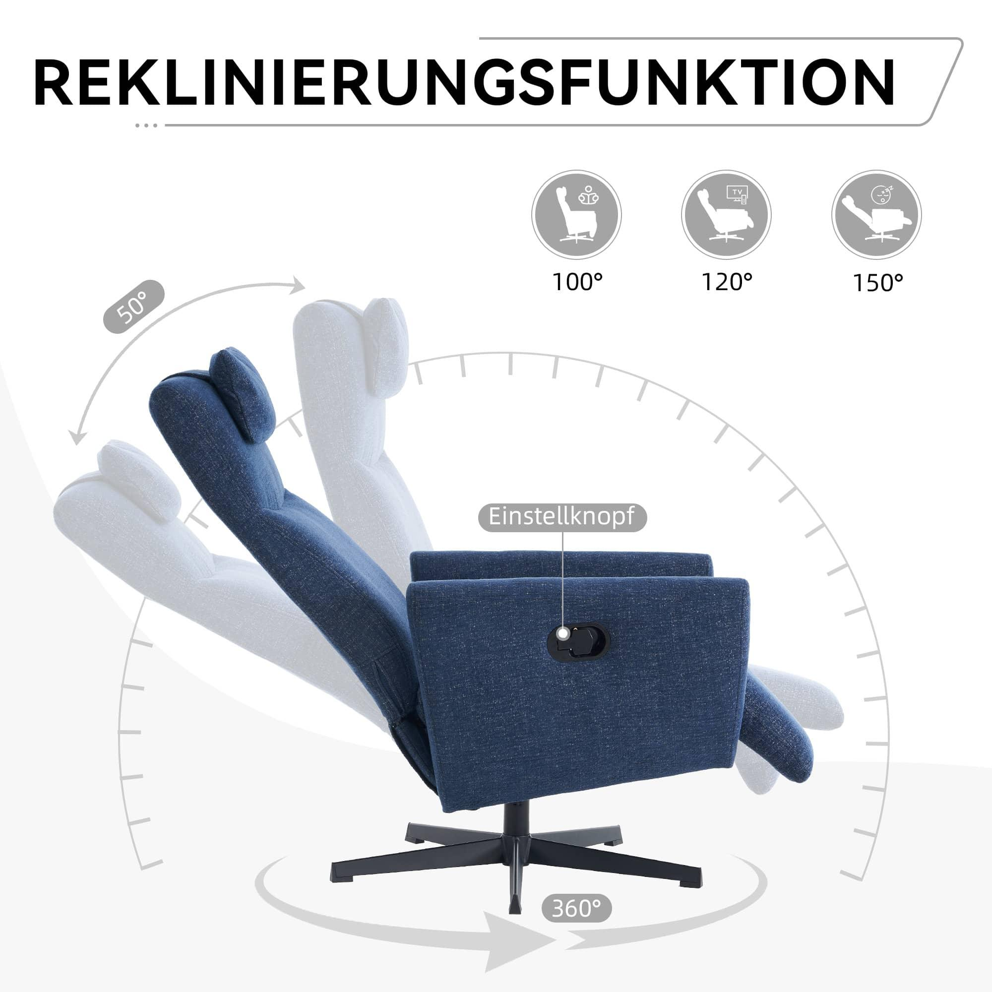 Blauer Relaxsessel, der in verschiedenen Liegepositionen gezeigt wird. Merkmale sind ein 360°-Sockel und verstellbare Winkel.