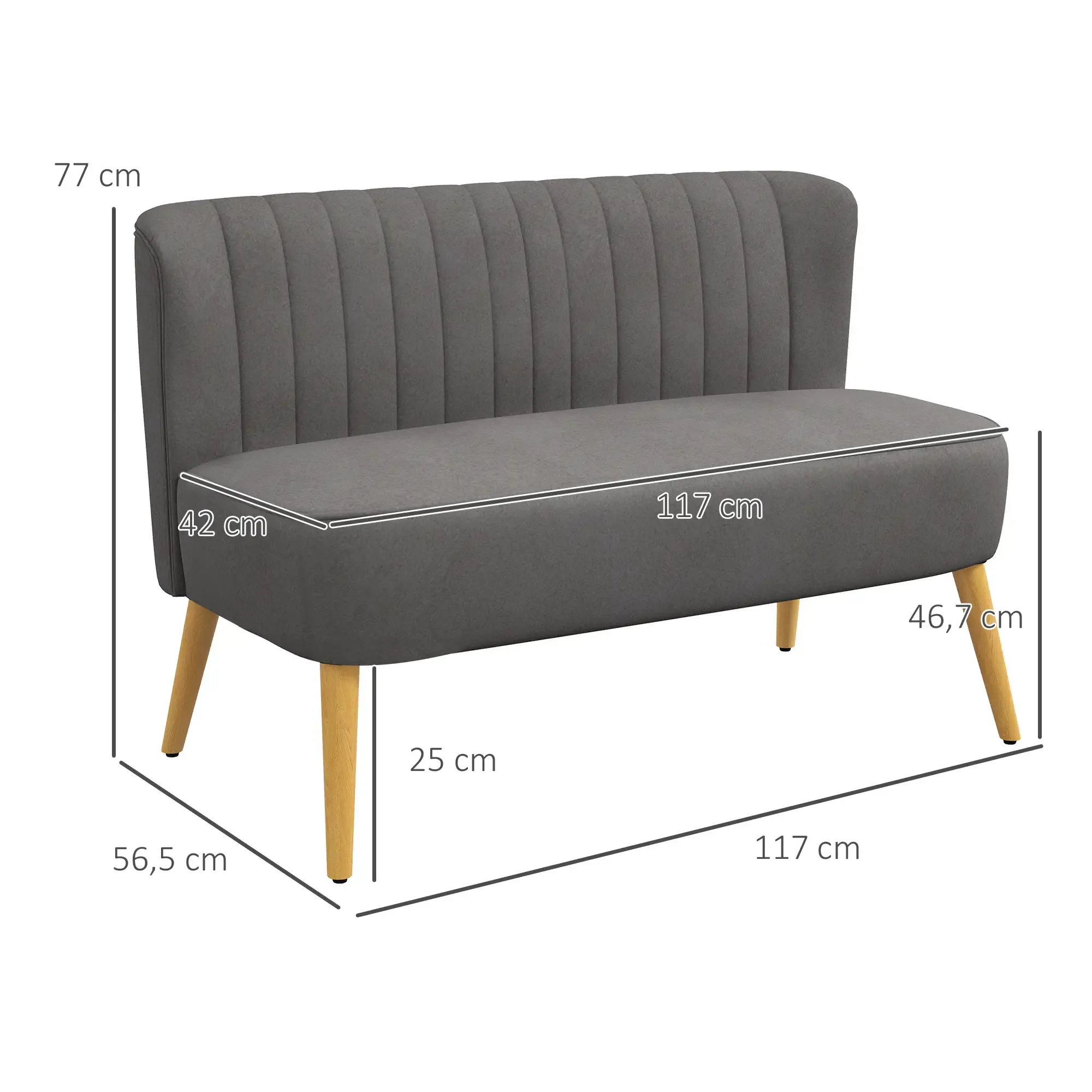 Graues Sofa mit Holzbeinen. Abmessungen sind beschriftet. Die Rückenlehne hat vertikale Nähte.