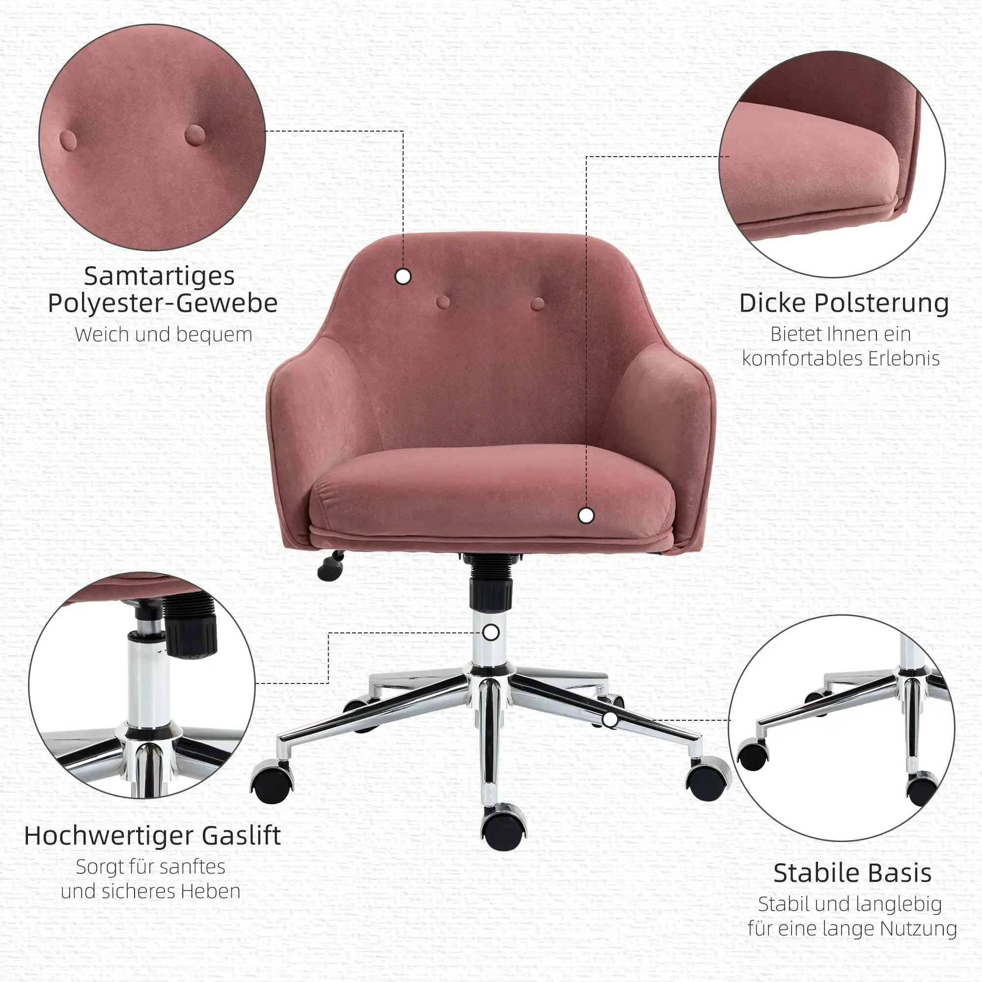 Ein rosa Bürostuhl mit gepolstertem Sitz und Rücken, einem Chromgestell mit Rollen und erklärenden Etiketten.