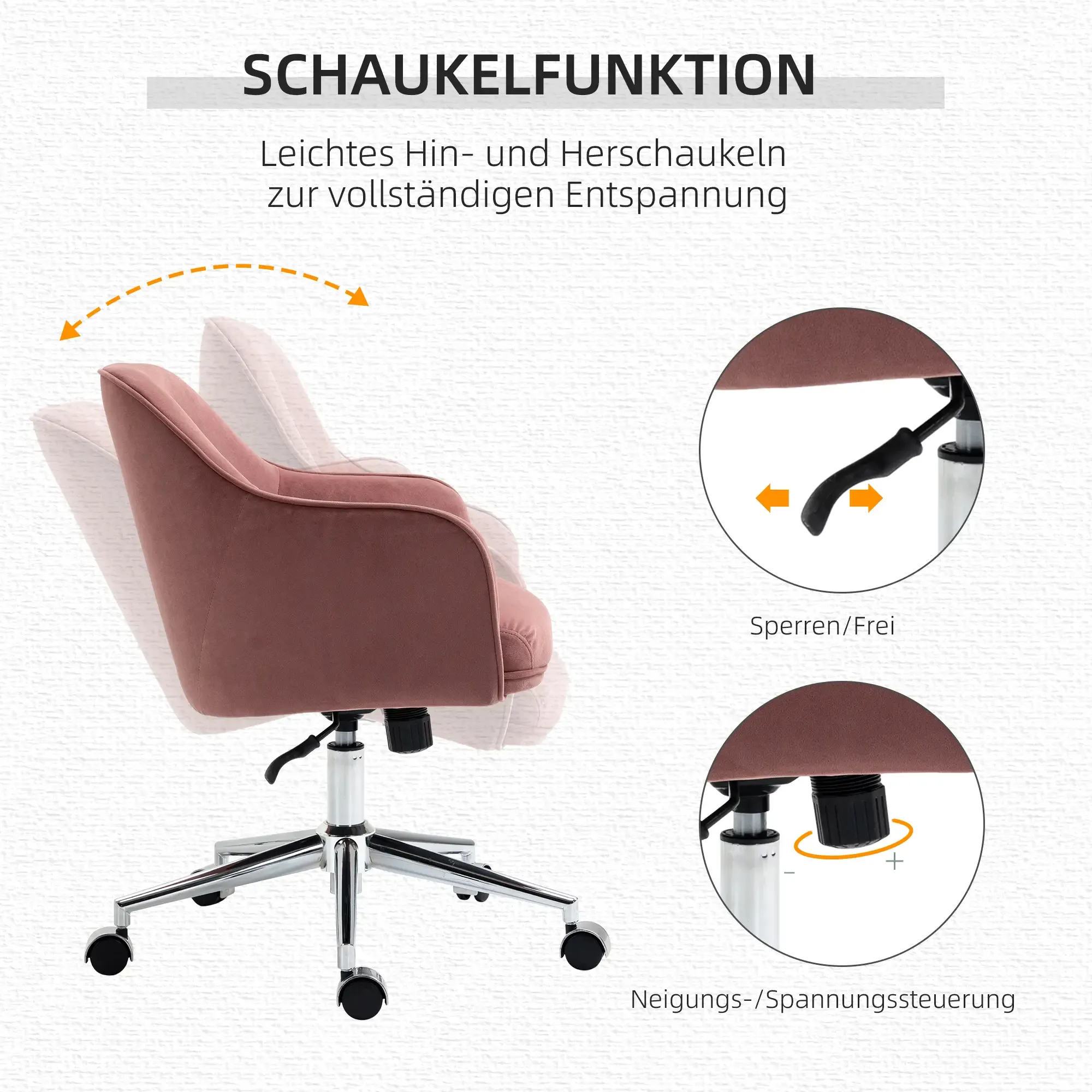 Rosa Bürostuhl mit Schaukelfunktion, Arretierung und Neigungsregulierung.