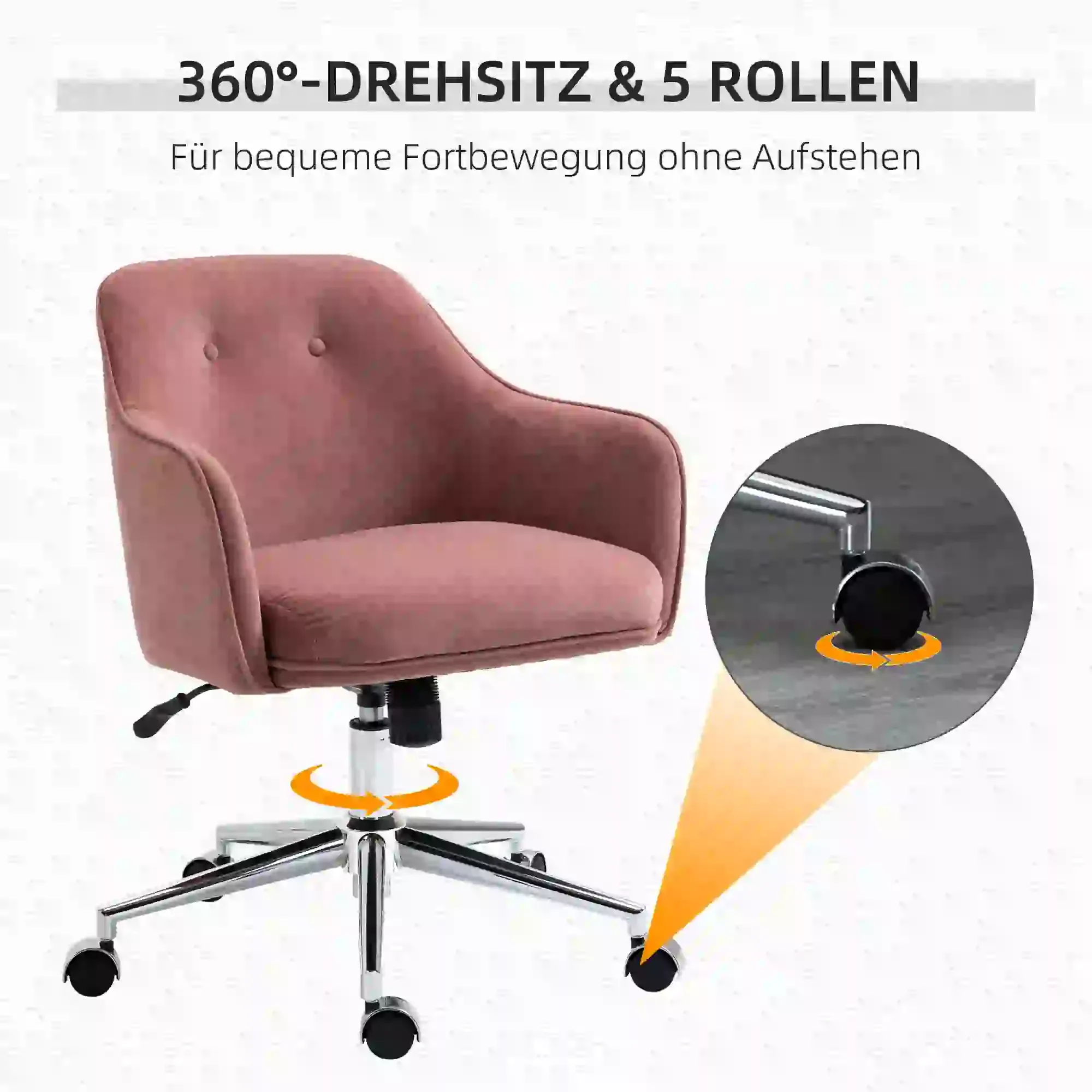 Rosa Bürostuhl mit 5 Rollen. Detail des Drehsitzes und der Rollen. Text: 360-Grad-Drehsitz und 5 Rollen für einfache Bewegung.