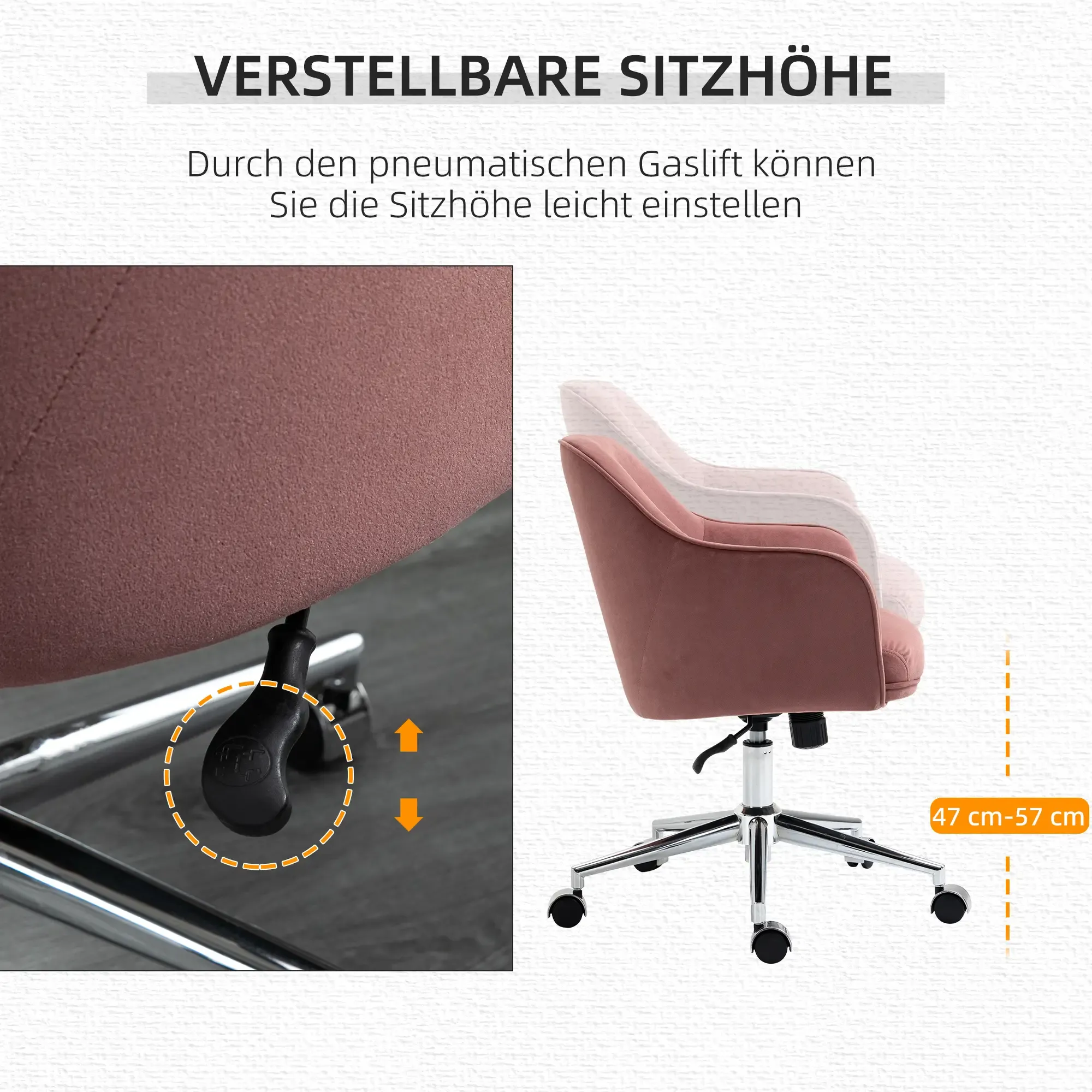 Ein rosa Bürostuhl zeigt die Höhenverstellung. Text sagt 'verstellbare Sitzhöhe'. Ein Hebel und ein Höhenbereich werden gezeigt.