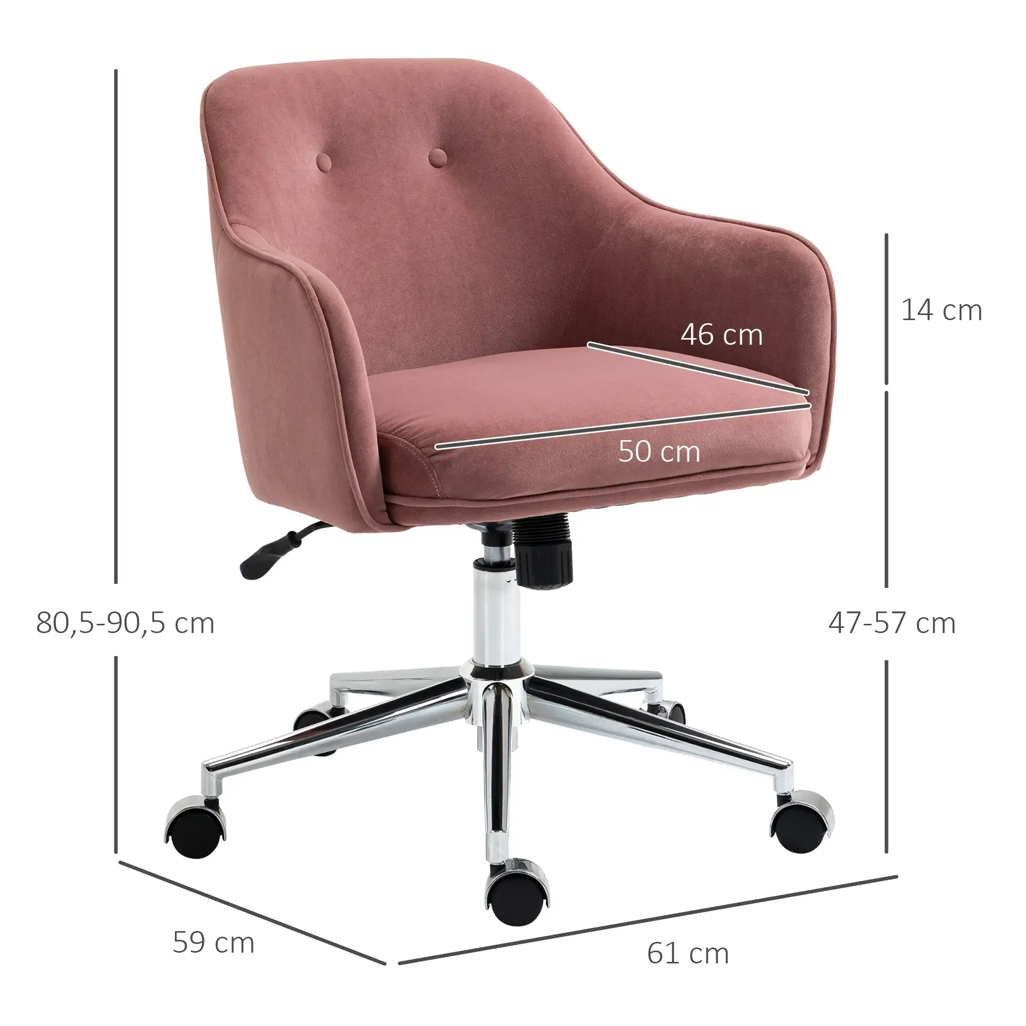 Rosa Bürostuhl mit Maßangaben. Er hat einen gepolsterten Sitz, Rückenlehne, Armlehnen und ein Chromgestell mit Rollen. Maße sind angegeben.