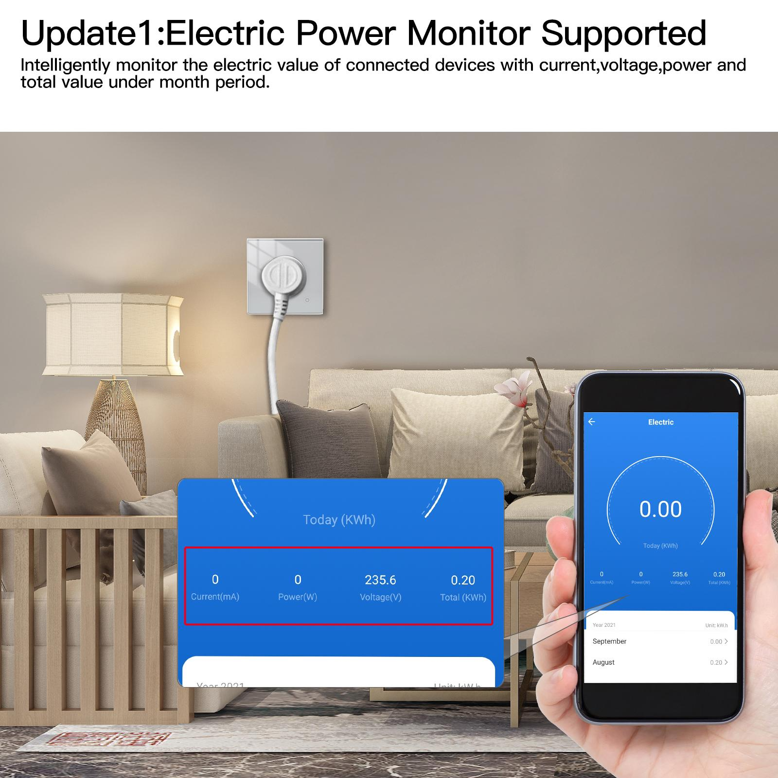 Eine Steckdose mit Stecker wird gezeigt. Ein Telefon zeigt Energieverbrauchsdaten. Eine intelligente App zeigt aktuelle Nutzungsinformationen.