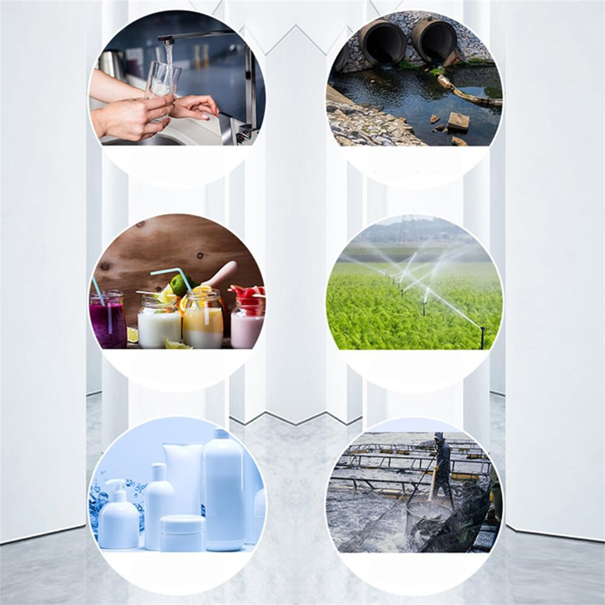 Komposites Bild mit wassbezogenen Szenen: Wasser gießen, Wasserleitungen, Getränke, Feldbewässerung, Kosmetikflaschen und Angeln.