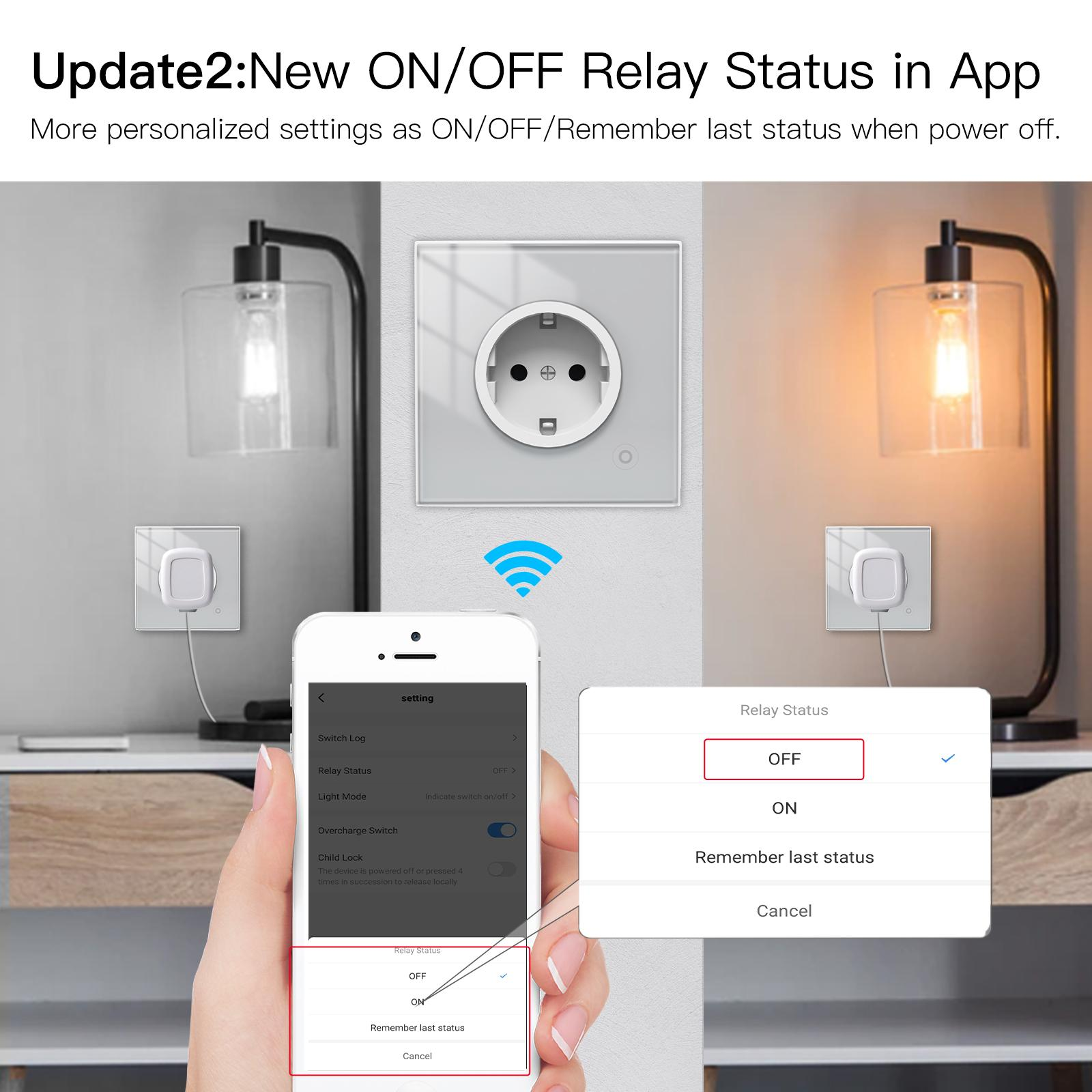 Ein Telefon zeigt Optionen für den Relaisstatus: AUS, EIN, letzten Status merken. Im Hintergrund befinden sich intelligente Stecker und Lampen.