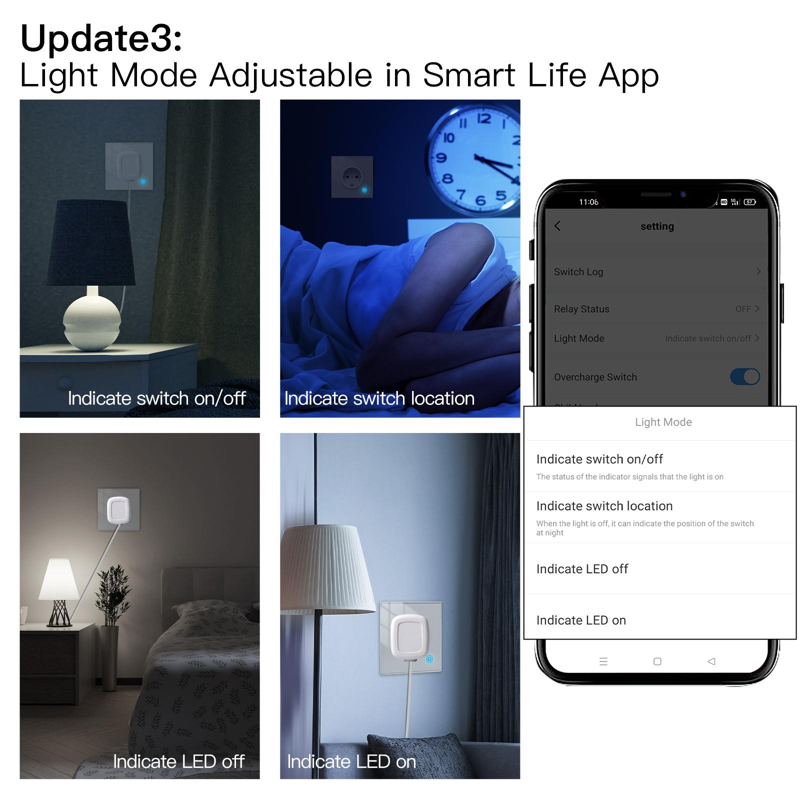 Das Bild zeigt Lichteinstellungen in der Smart Life App. Szenen umfassen Schalter und Lampen mit LED-Anzeigen.