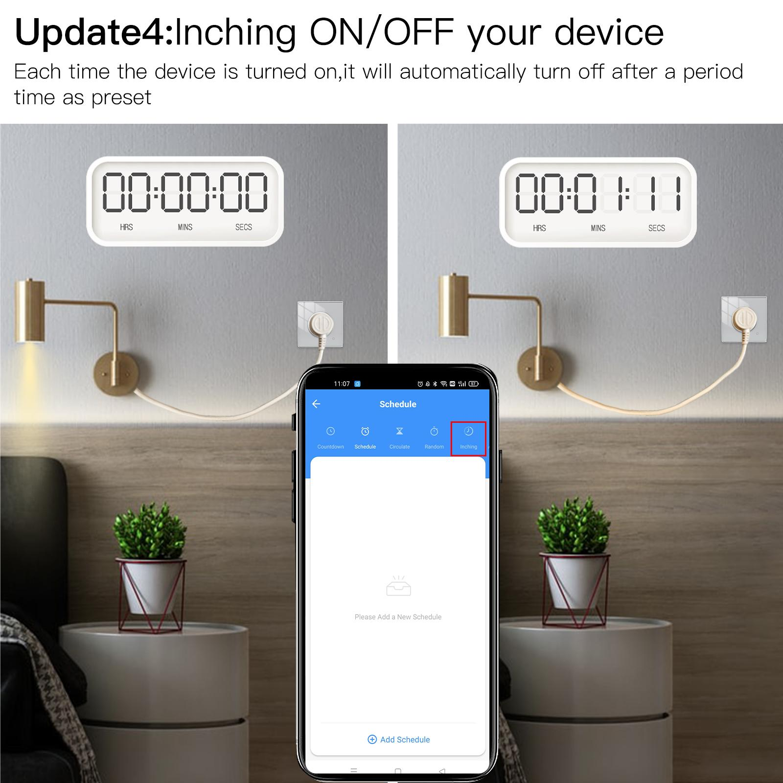 Das Bild zeigt einen Timer mit 00:00:00 und 00:01:11. Ein Telefon zeigt eine App mit hervorgehobenem "Inching".