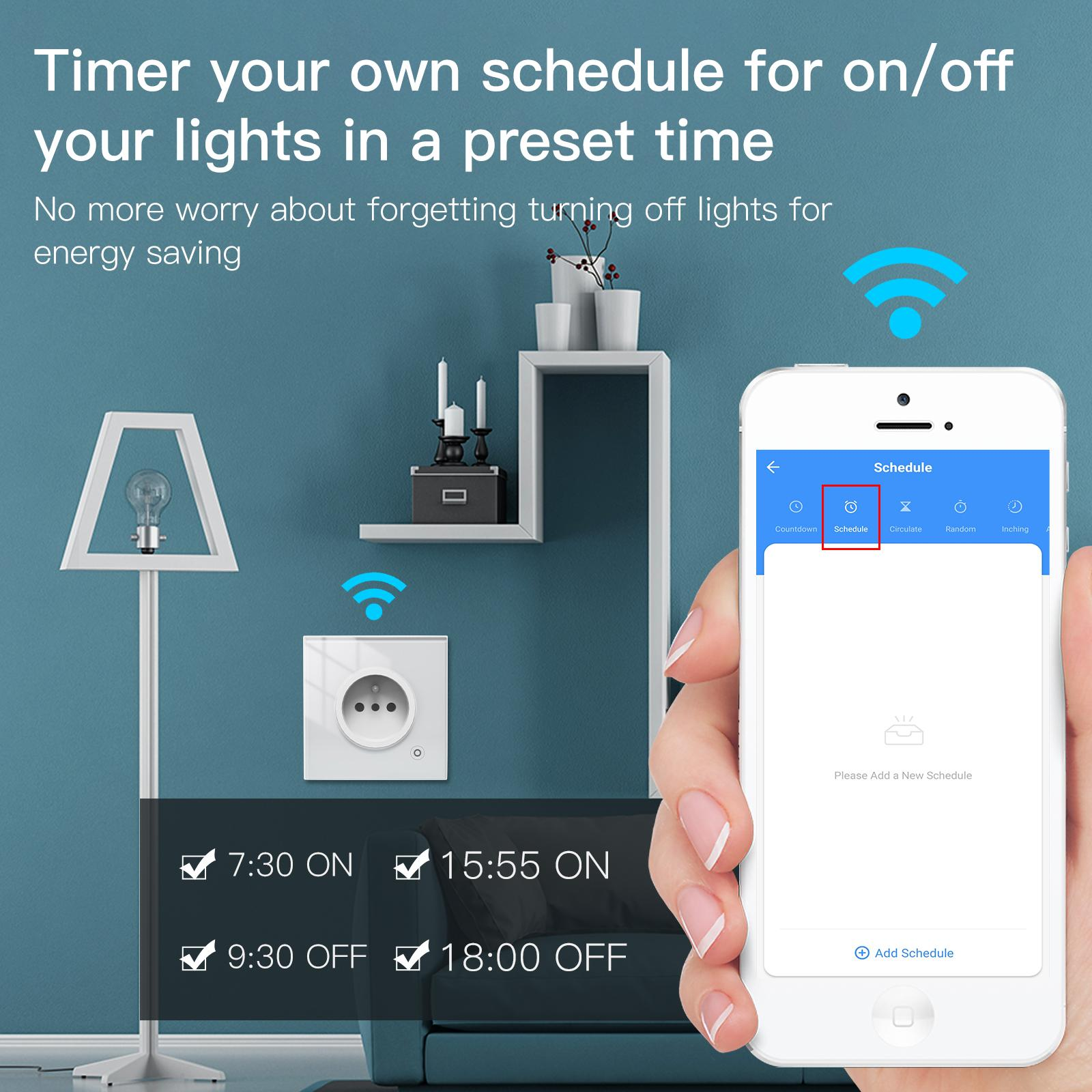 Das Bild zeigt ein Smart-Home-Setup mit einer Telefon-App zur Steuerung von Lichtern. Es zeigt einen Timer an einer blauen Wand.