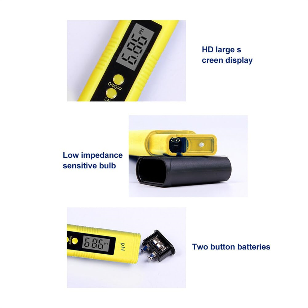 Ein gelbes pH-Messgerät zeigt einen Wert von 6,86 an. Es hat eine Ein/Aus-Taste, ein Batteriefach und eine schwarze Schutzkappe.