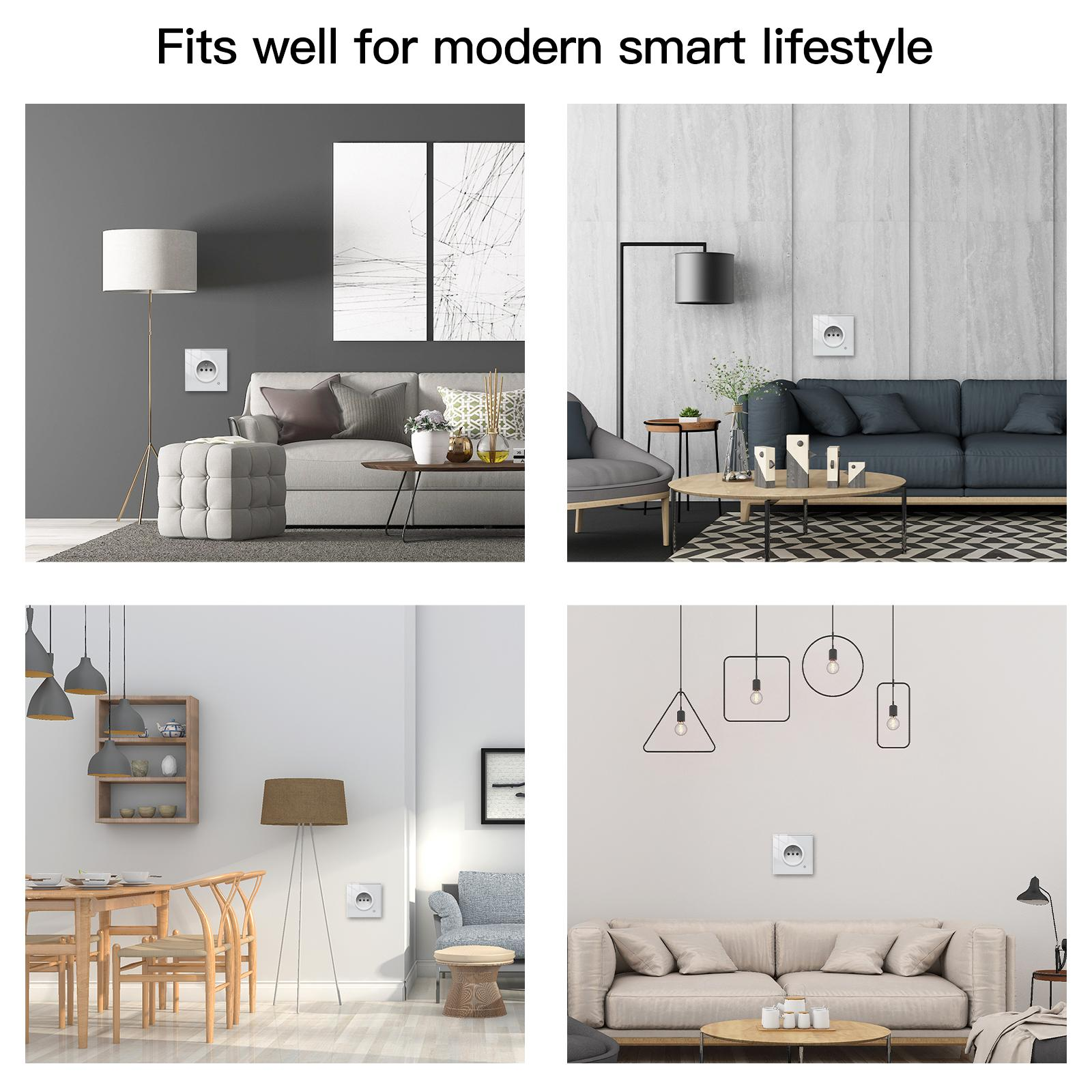 Das Bild zeigt vier moderne Wohnzimmer. Jedes hat eine Steckdose. Die Einrichtung umfasst Sofas, Lampen und Couchtische.