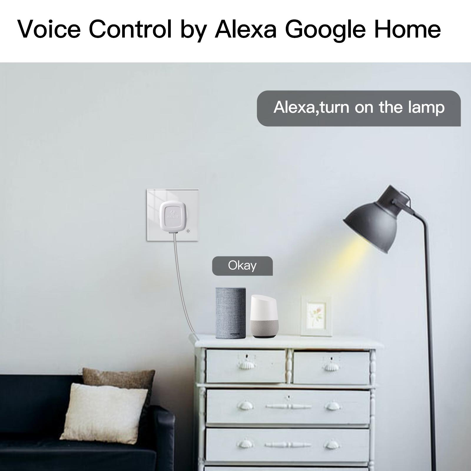 Eine Szene, die die Sprachsteuerung mit Alexa zeigt. Ein intelligenter Stecker, ein intelligenter Lautsprecher und eine Lampe sind vorhanden.