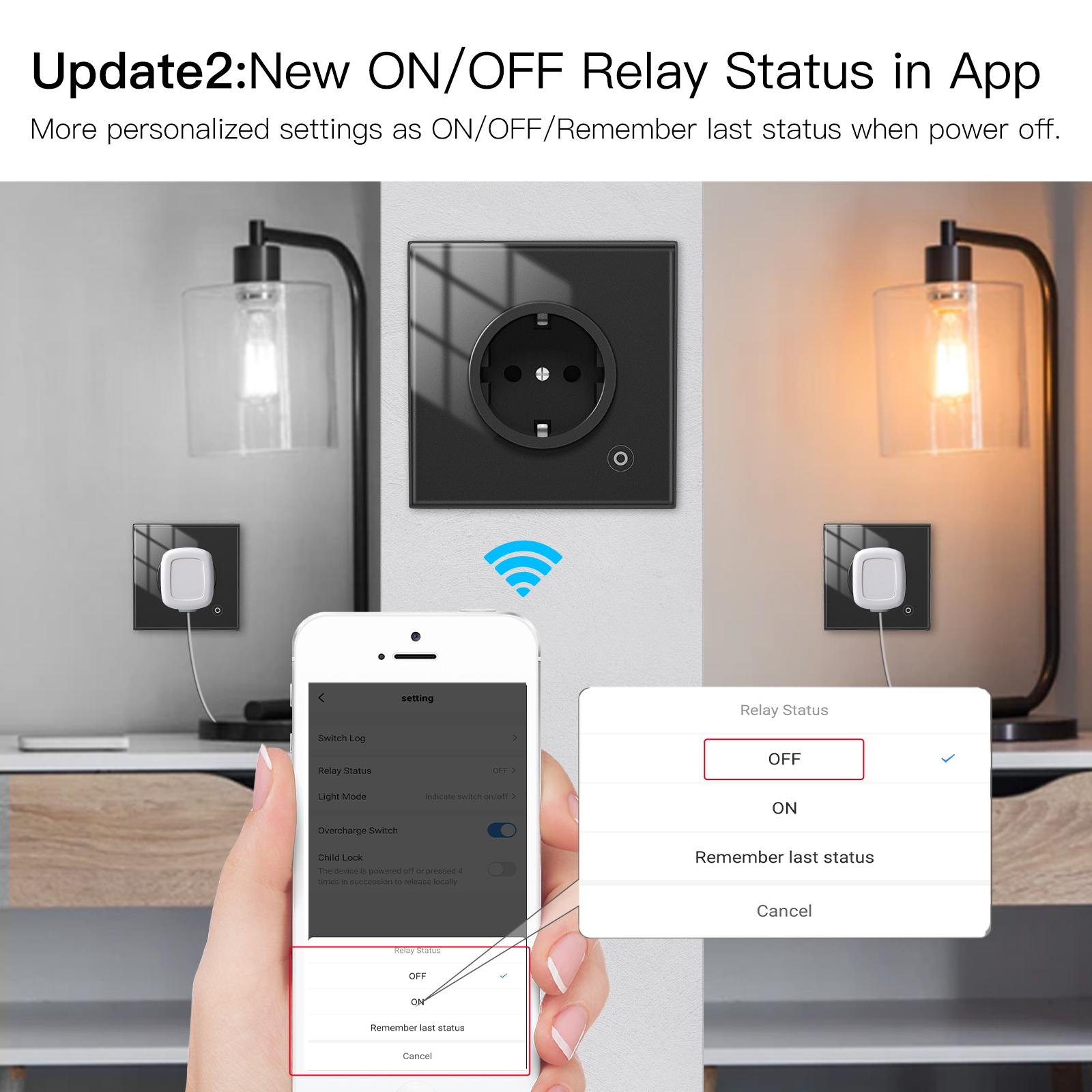 App-Oberfläche mit Relaisstatusoptionen. Eine Hand hält ein Telefon in der Nähe einer Steckdose und einer Lampe.