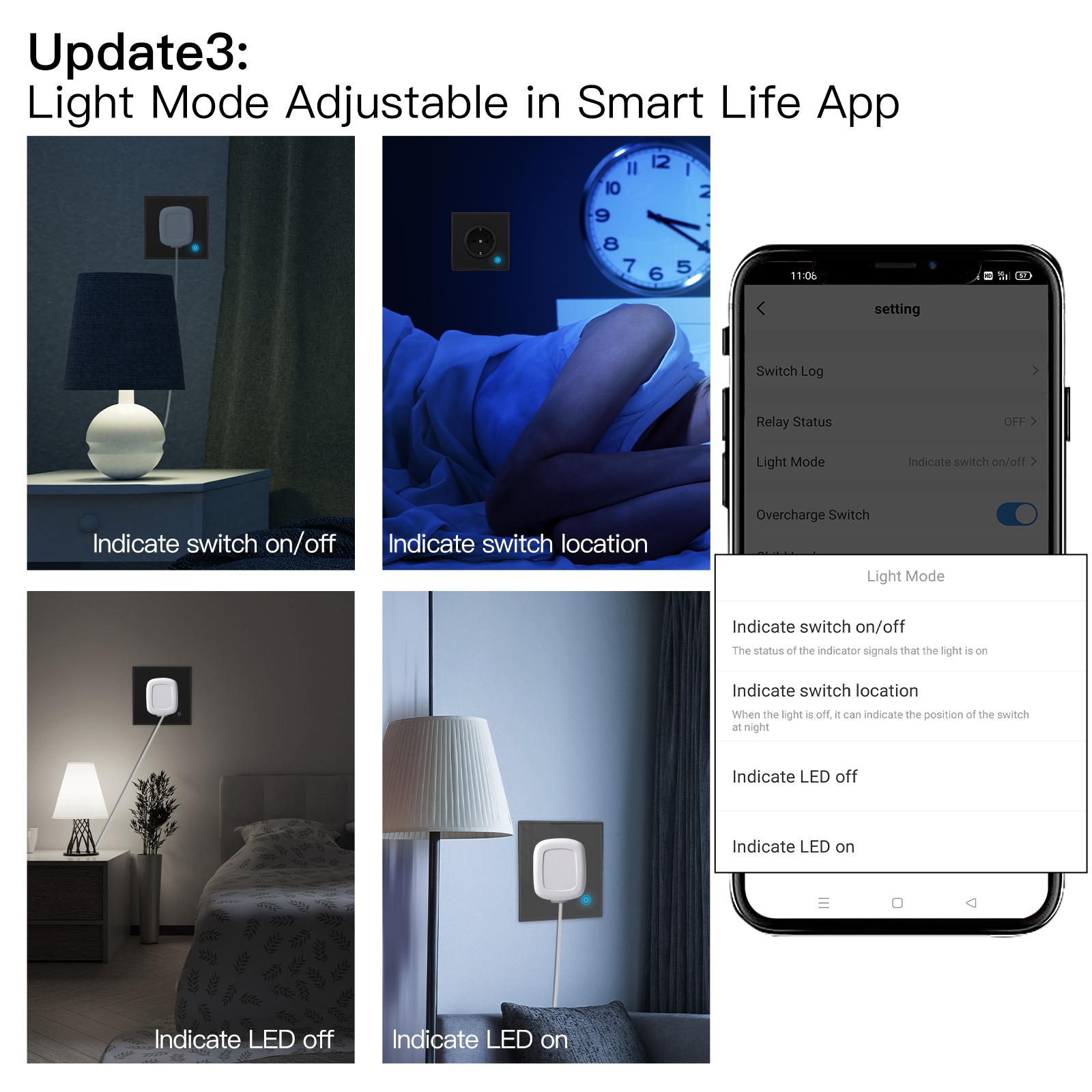 Das Bild zeigt eine Smart Life App-Oberfläche mit Lichtmoduseinstellungen, einschließlich Ein/Aus, Standort und LED-Status.