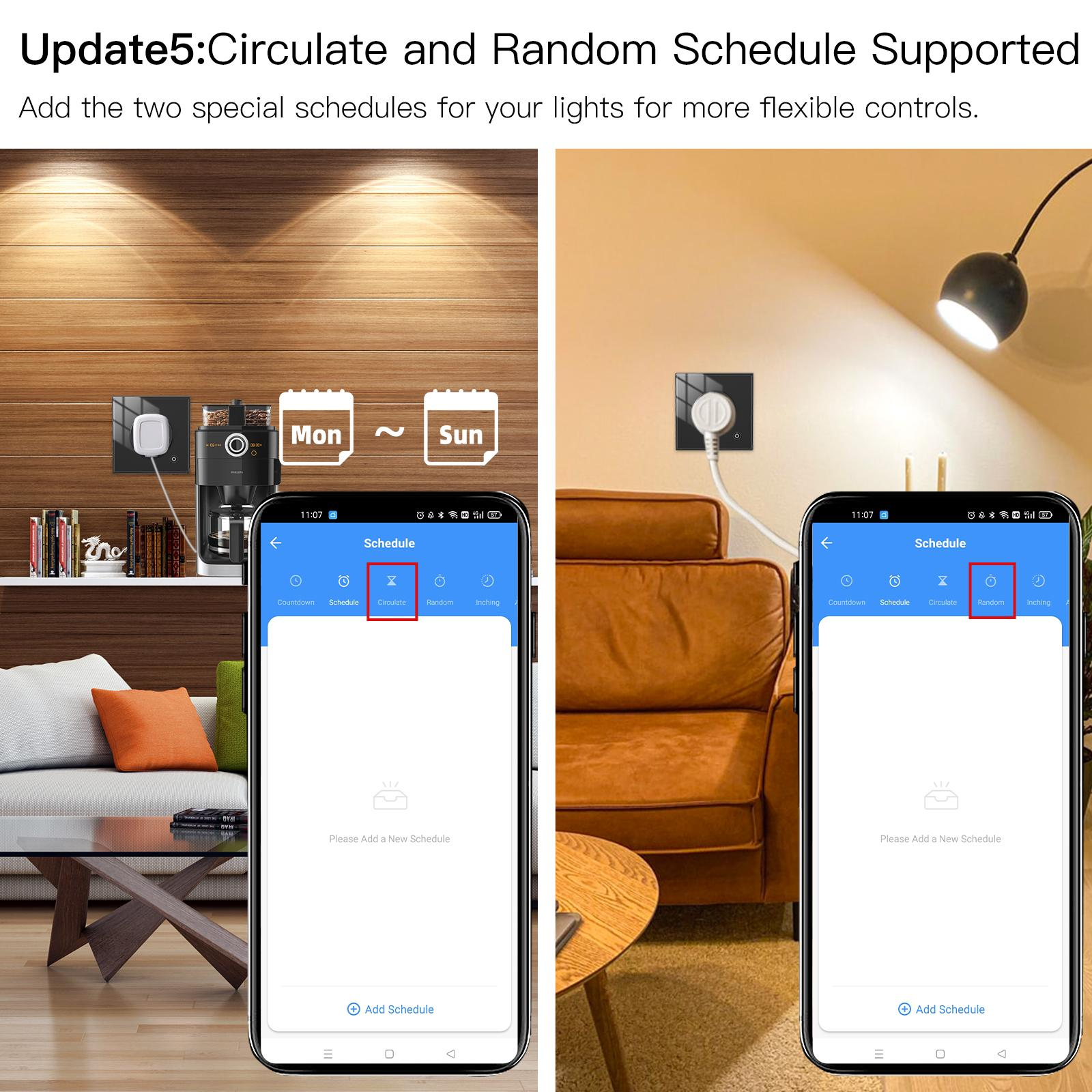 Das Bild zeigt zwei Telefone mit Smart-Home-App-Oberflächen. Eines zeigt 'Circulate', das andere 'Random'.