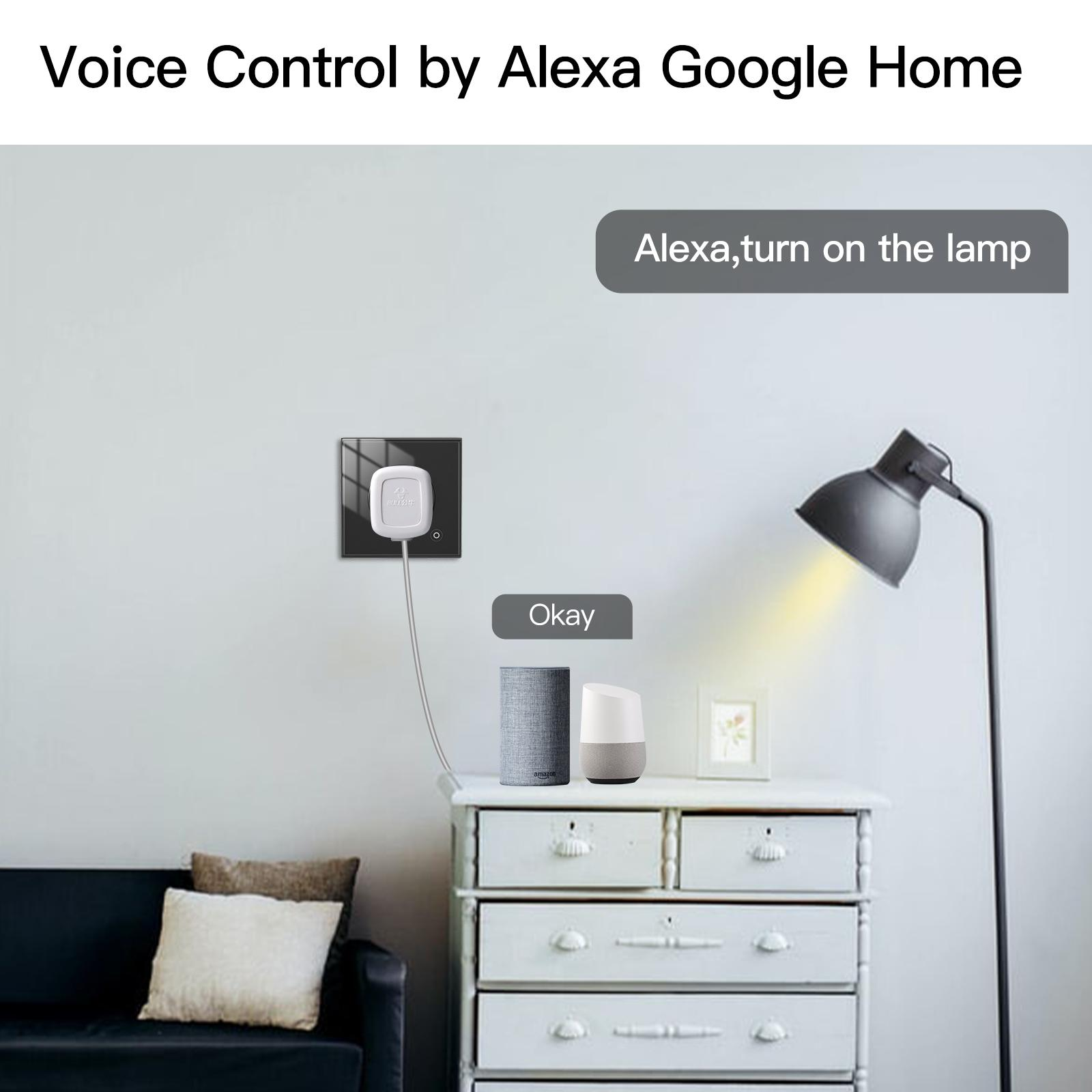 Ein Smart-Home-Setup mit Wandstecker, intelligenten Lautsprechern und einer Lampe. Text zeigt die Sprachsteuerung durch Alexa und Google Home.