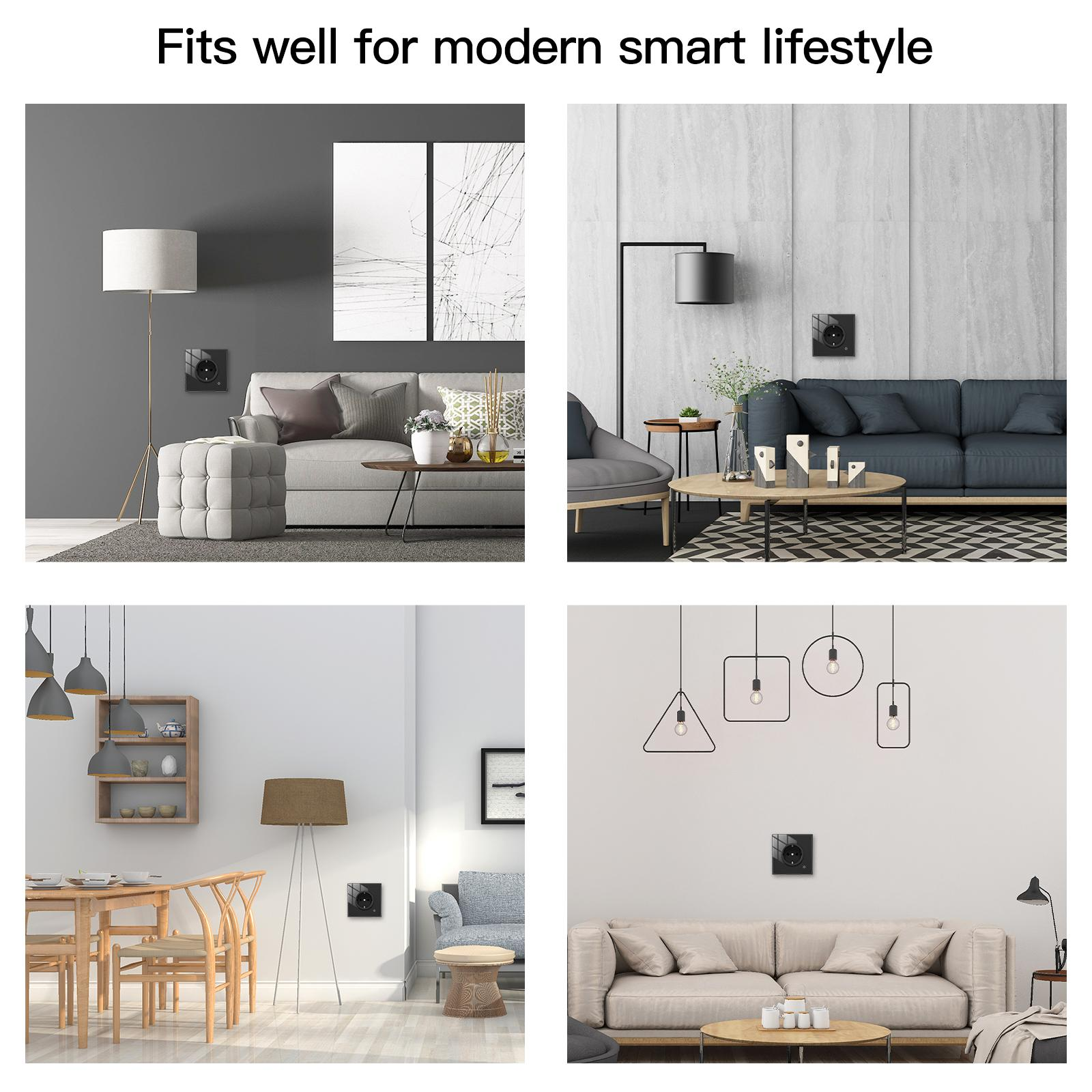 Wohnzimmerszenen mit Steckdose. Enthält graue Sofas, Lampen und minimalistische Einrichtung, die modernes Design zeigen.
