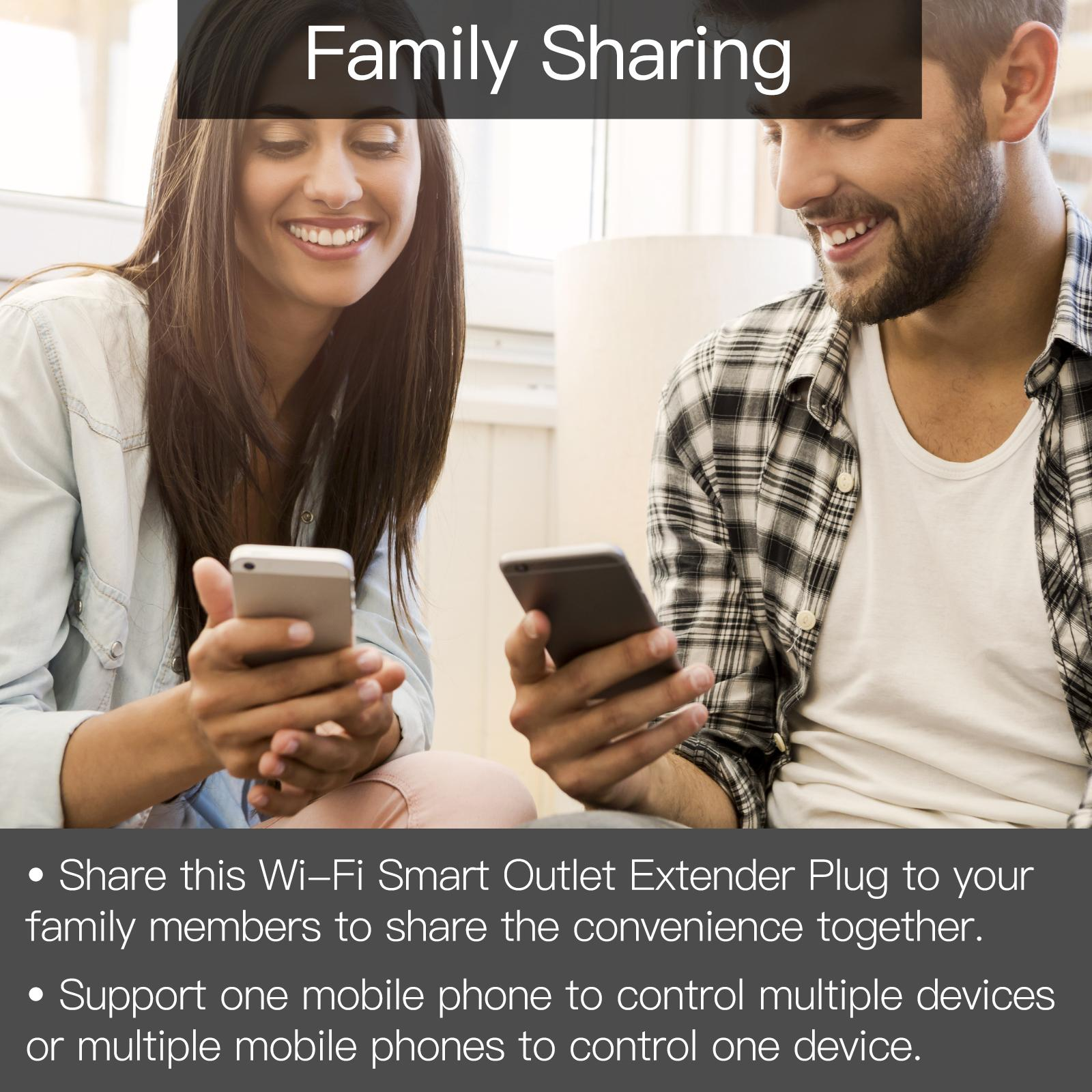 Eine Frau und ein Mann lächeln und halten Telefone. Der Text „Family Sharing“ steht oben. Sie teilen einen Wi-Fi-Extender.