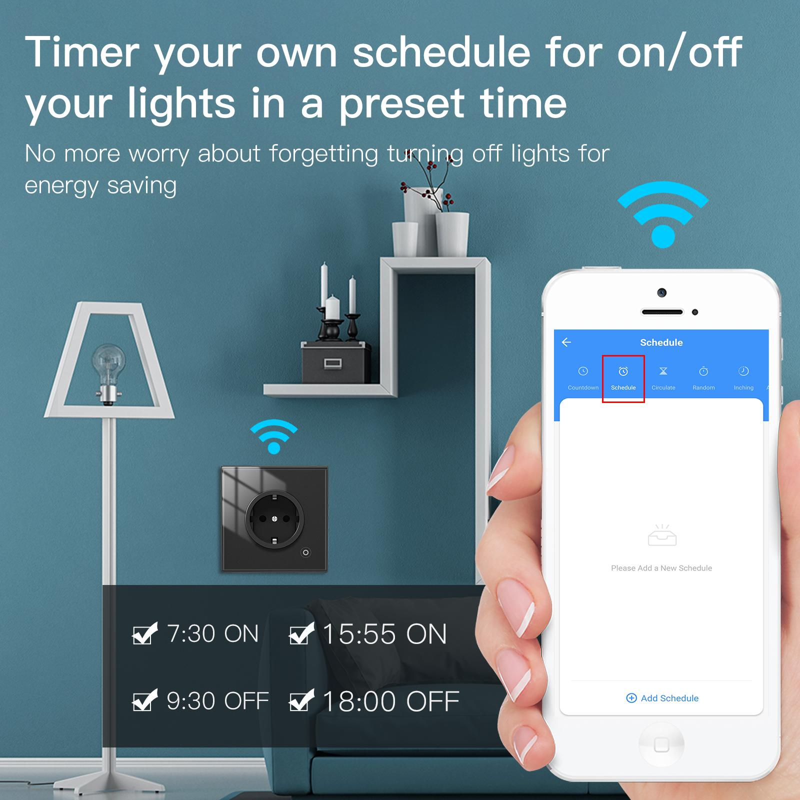 Ein Smartphone zeigt eine Zeitplan-App. Ein Smart Plug, eine Lampe und Text zum Planen von Lichtern sind ebenfalls sichtbar.