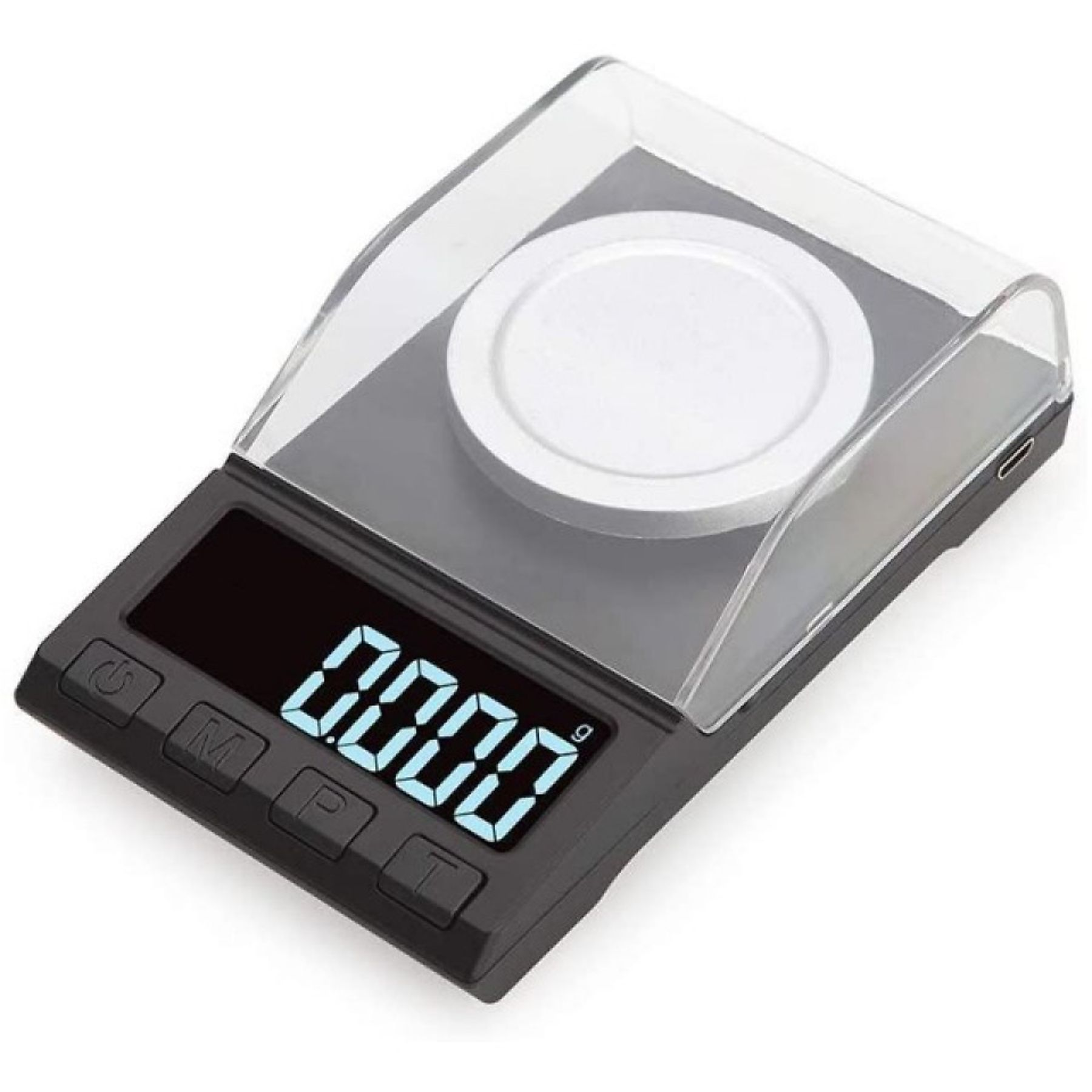 Eine schwarze Digitalwaage zeigt 0,000 an. Sie hat eine transparente Abdeckung und eine weiße runde Plattform.